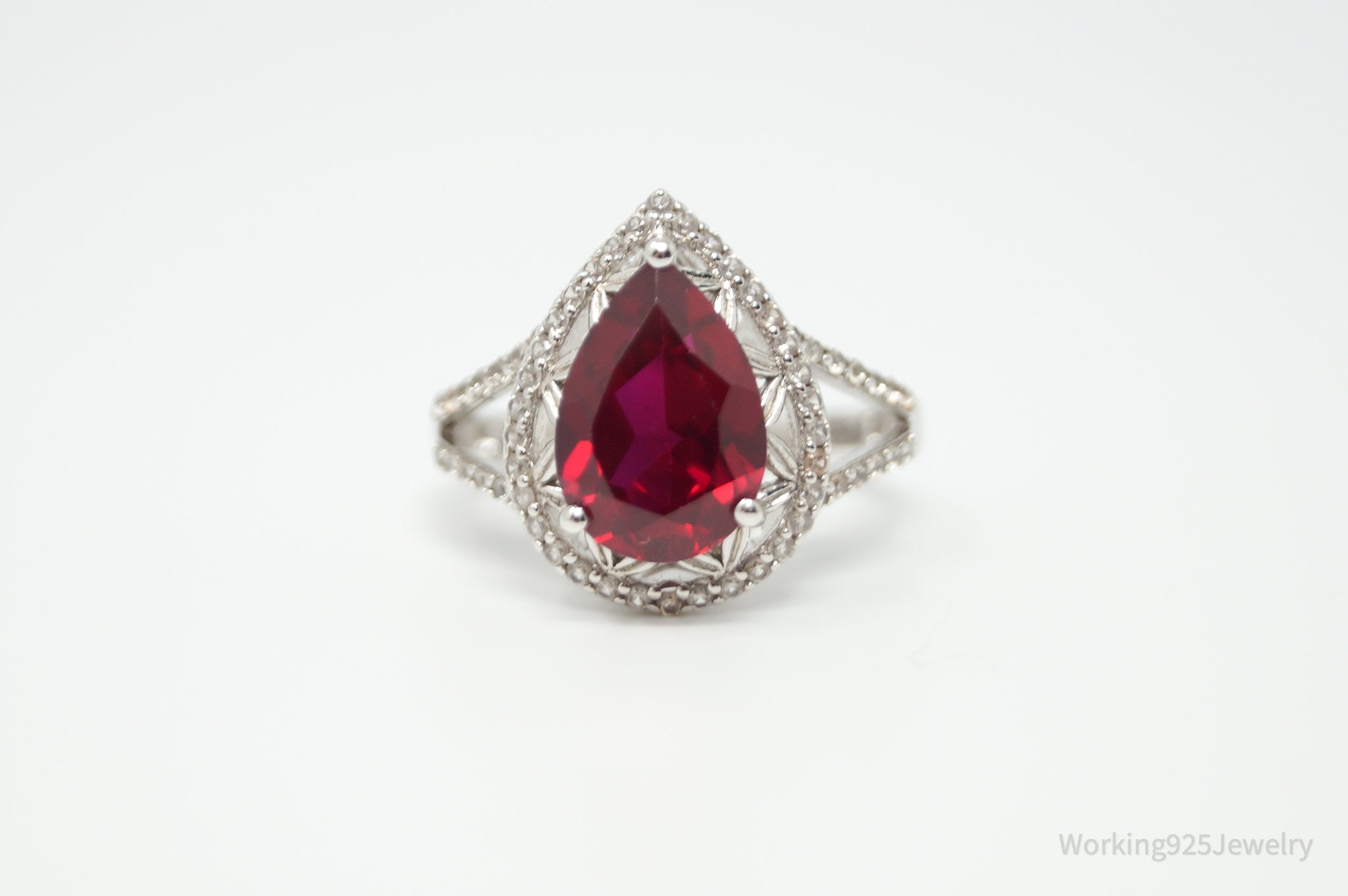 Vtg Designer DK Mid Century Style Lab Ruby CZ Ring Sterling Silver - Size 9