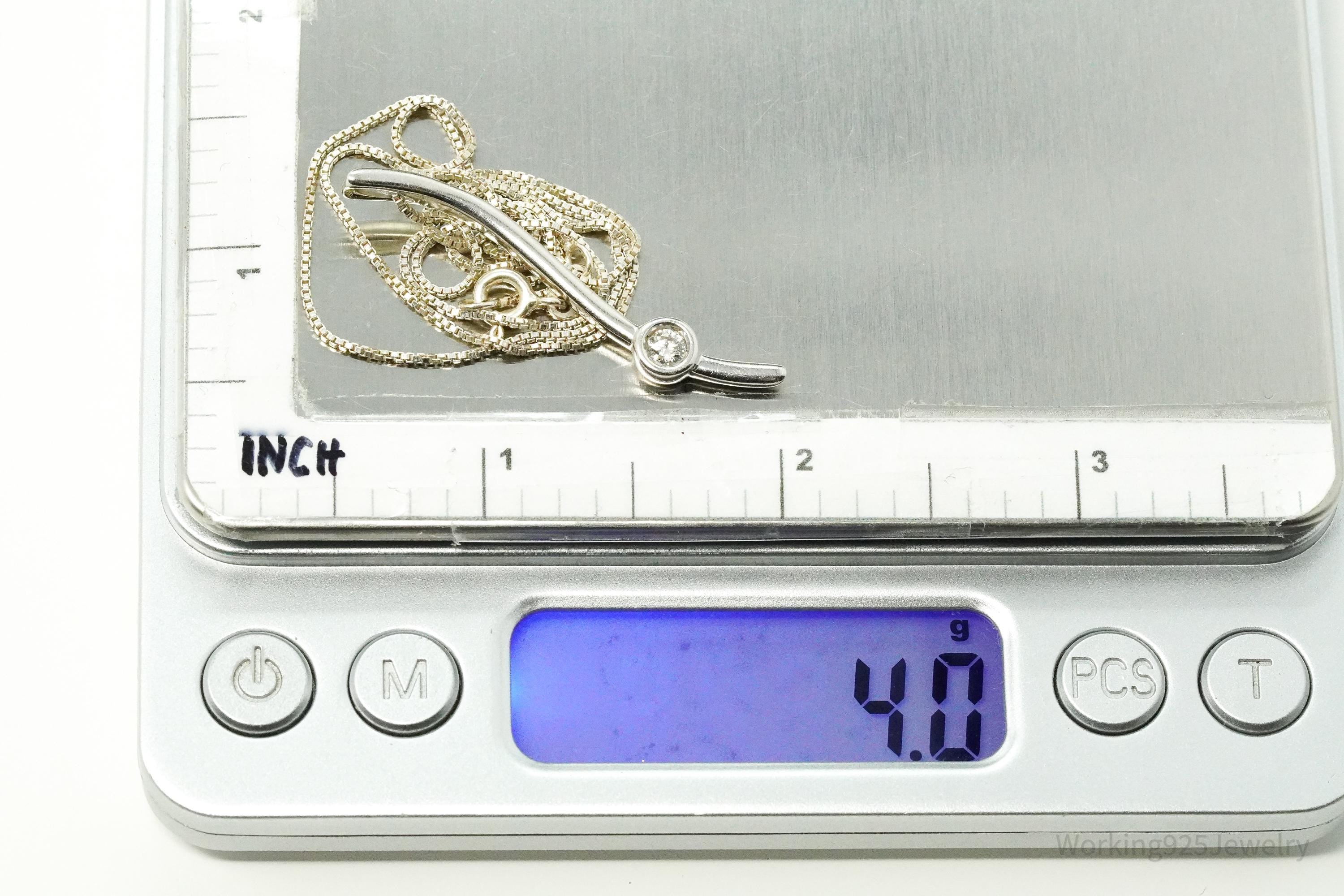 Solitaire Linear Ribbon Diamond Sterling Silver Necklace 16"