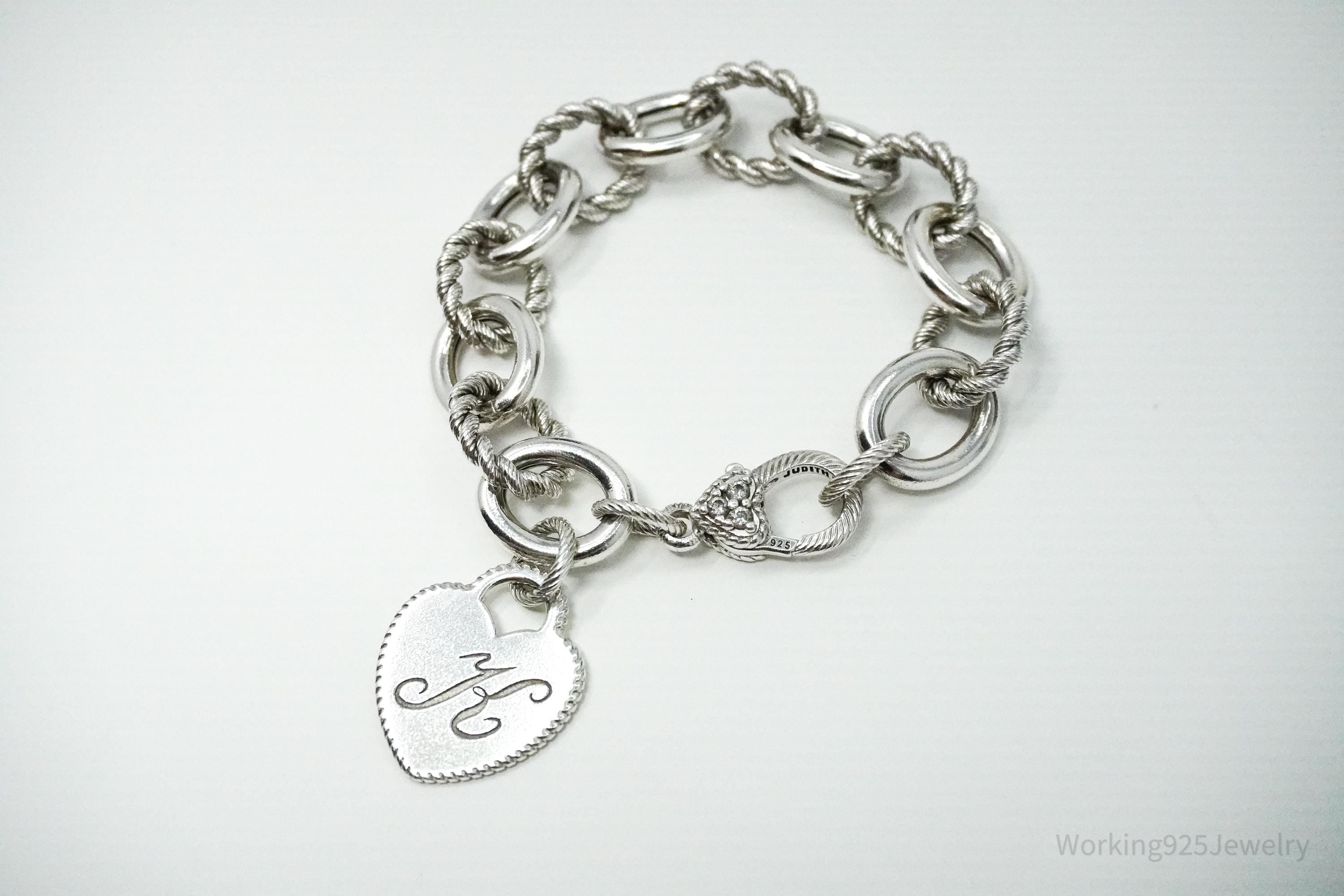 VTG Designer Judith Ripka Cubic Zirconia K Heart Tag Sterling Silver Bracelet 7 5/8"