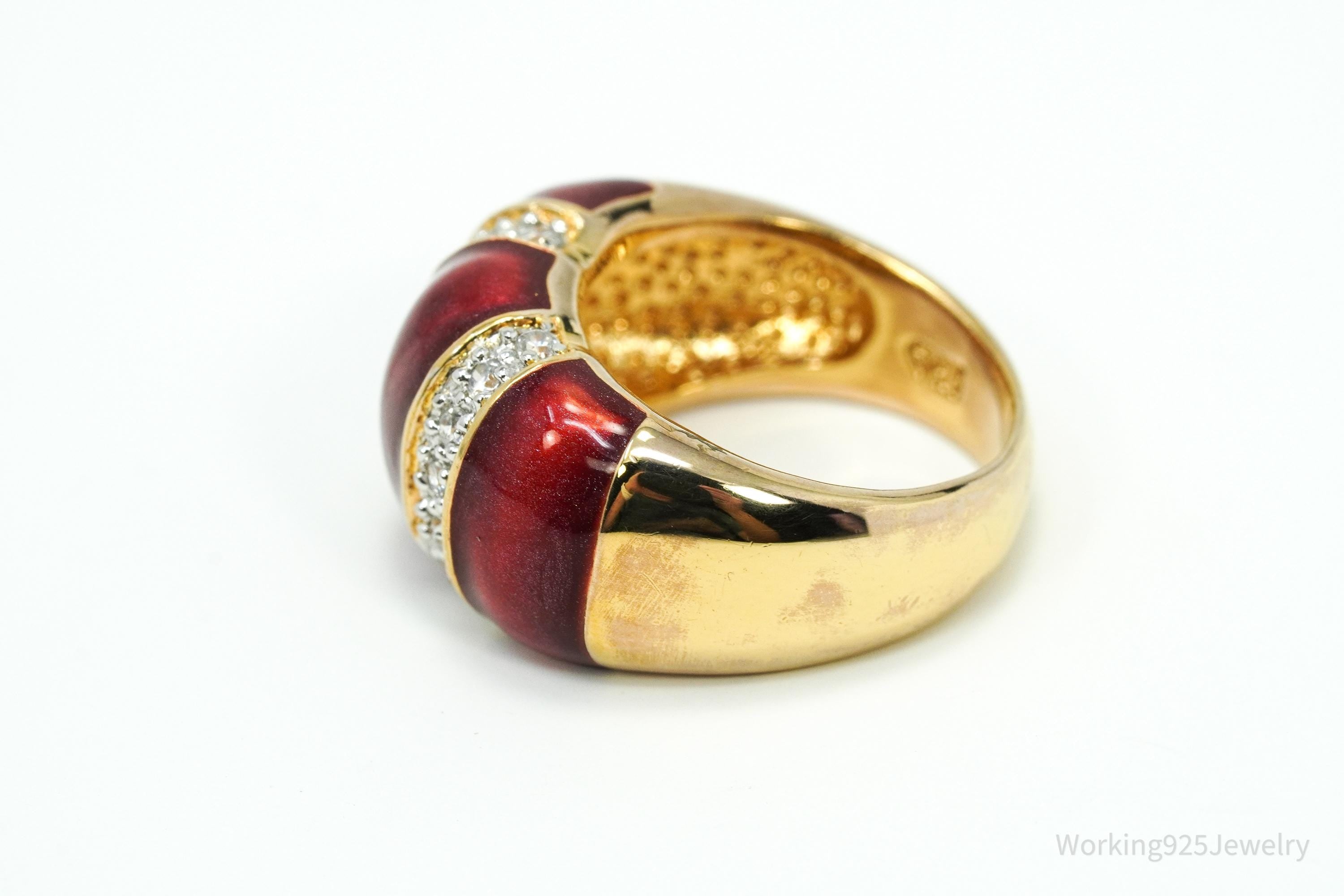 Designer Cubic Zirconia & Red Enamel Gold Over Sterling Silver Ring Size 6.75