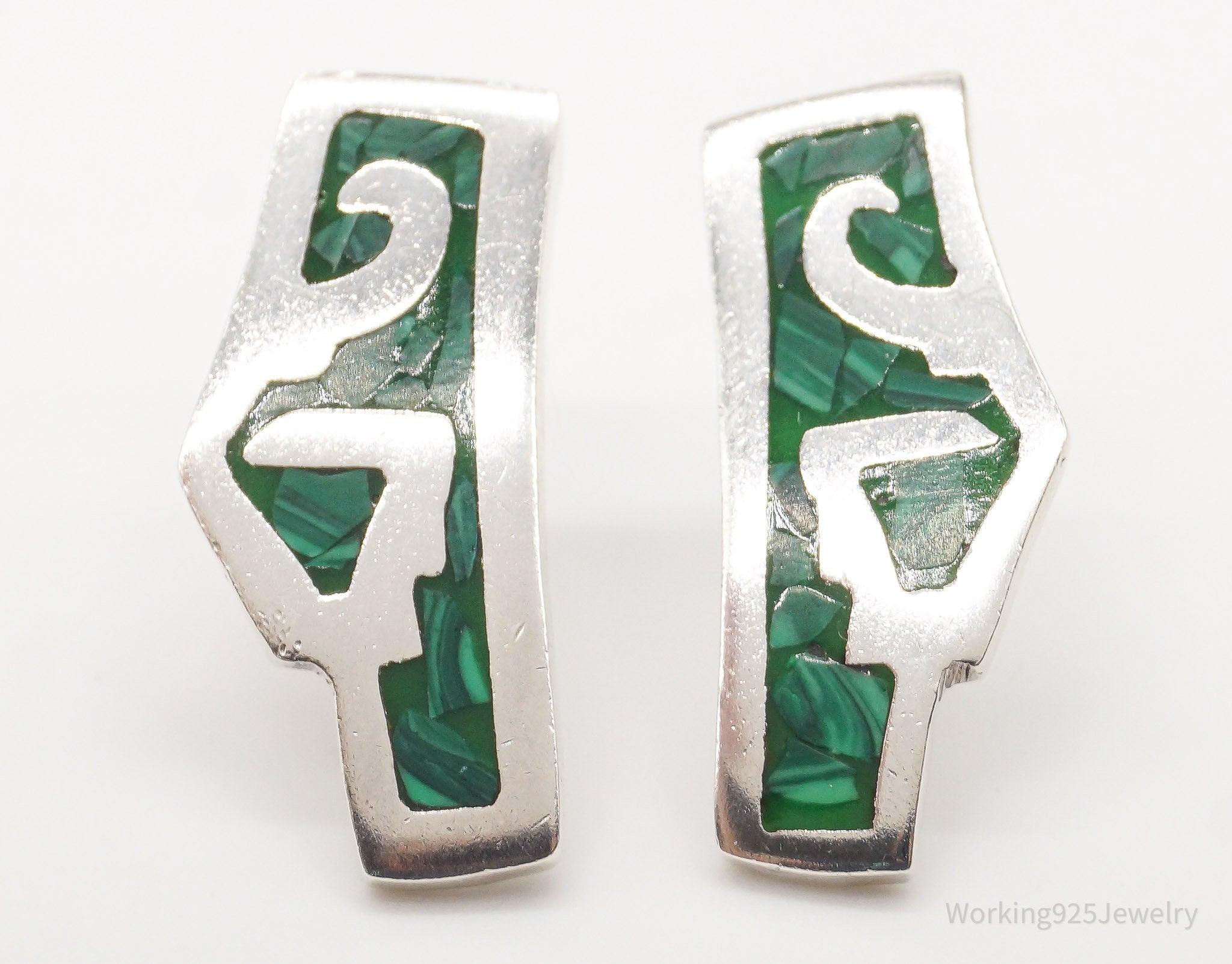 Vintage Mexico Malachite Modernist Sterling Silver Earrings