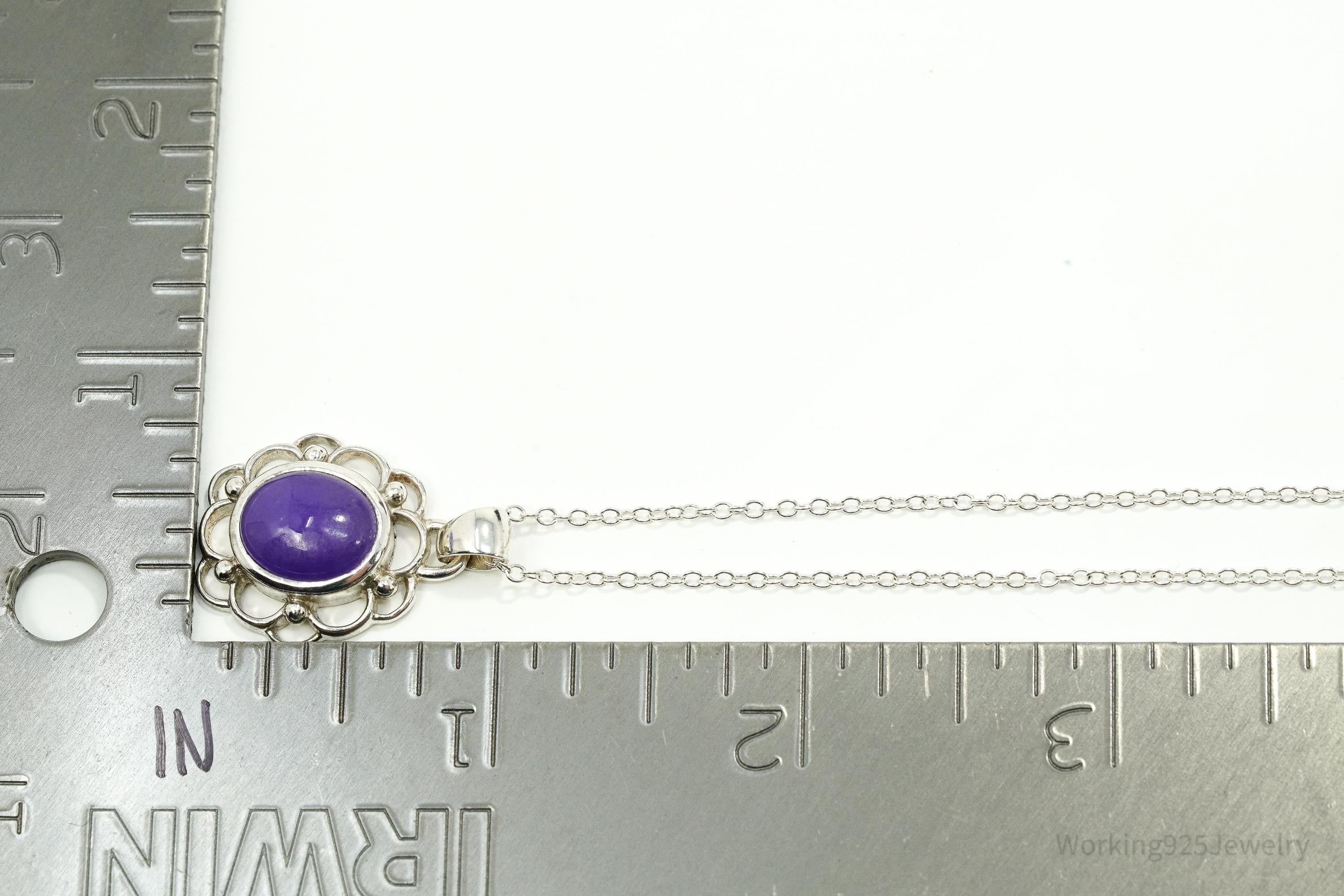 Vintage Purple Jade Sterling Silver Necklace 24"