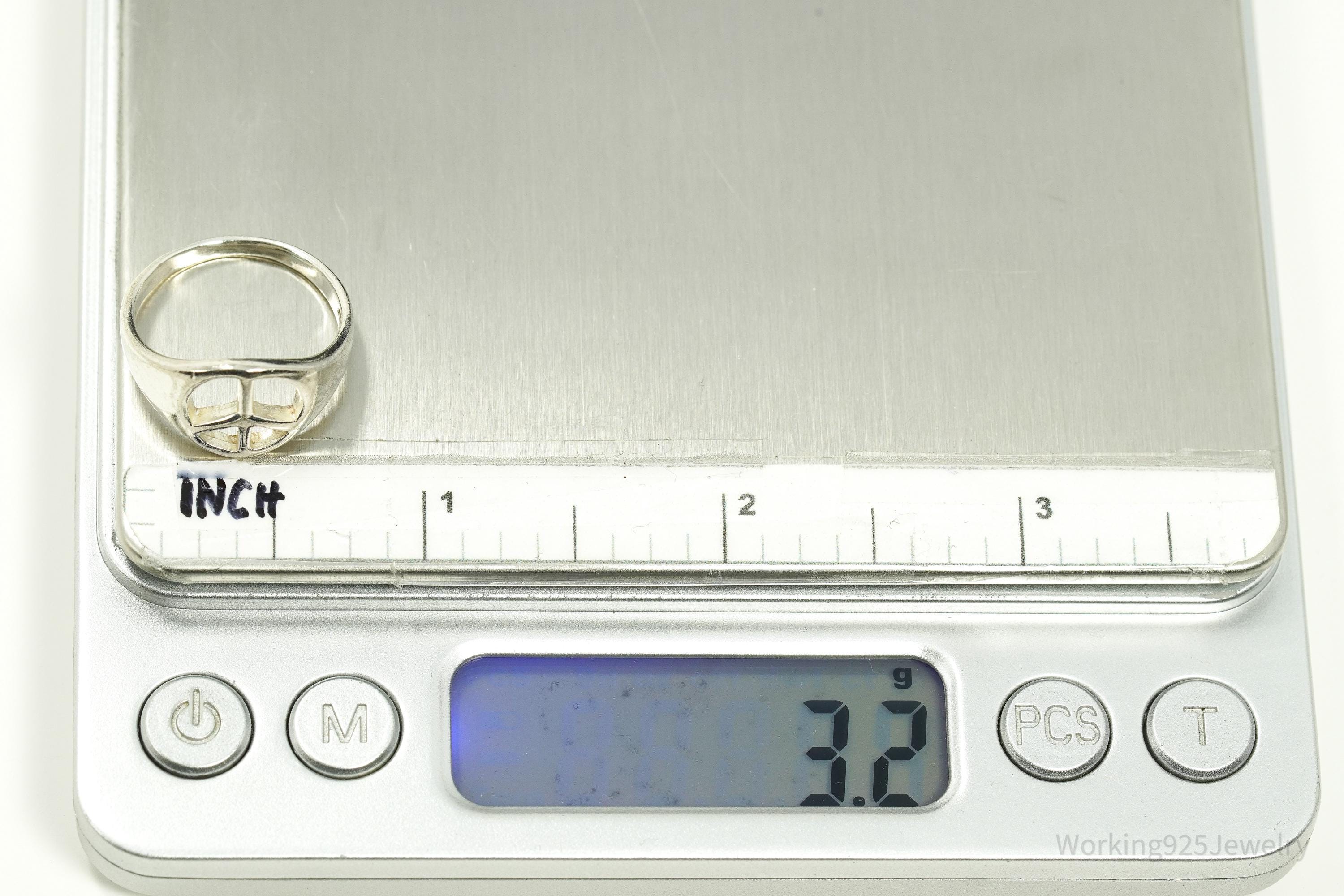 Vintage Peace Sign Sterling Silver Rhodium Plated Ring - Size 7