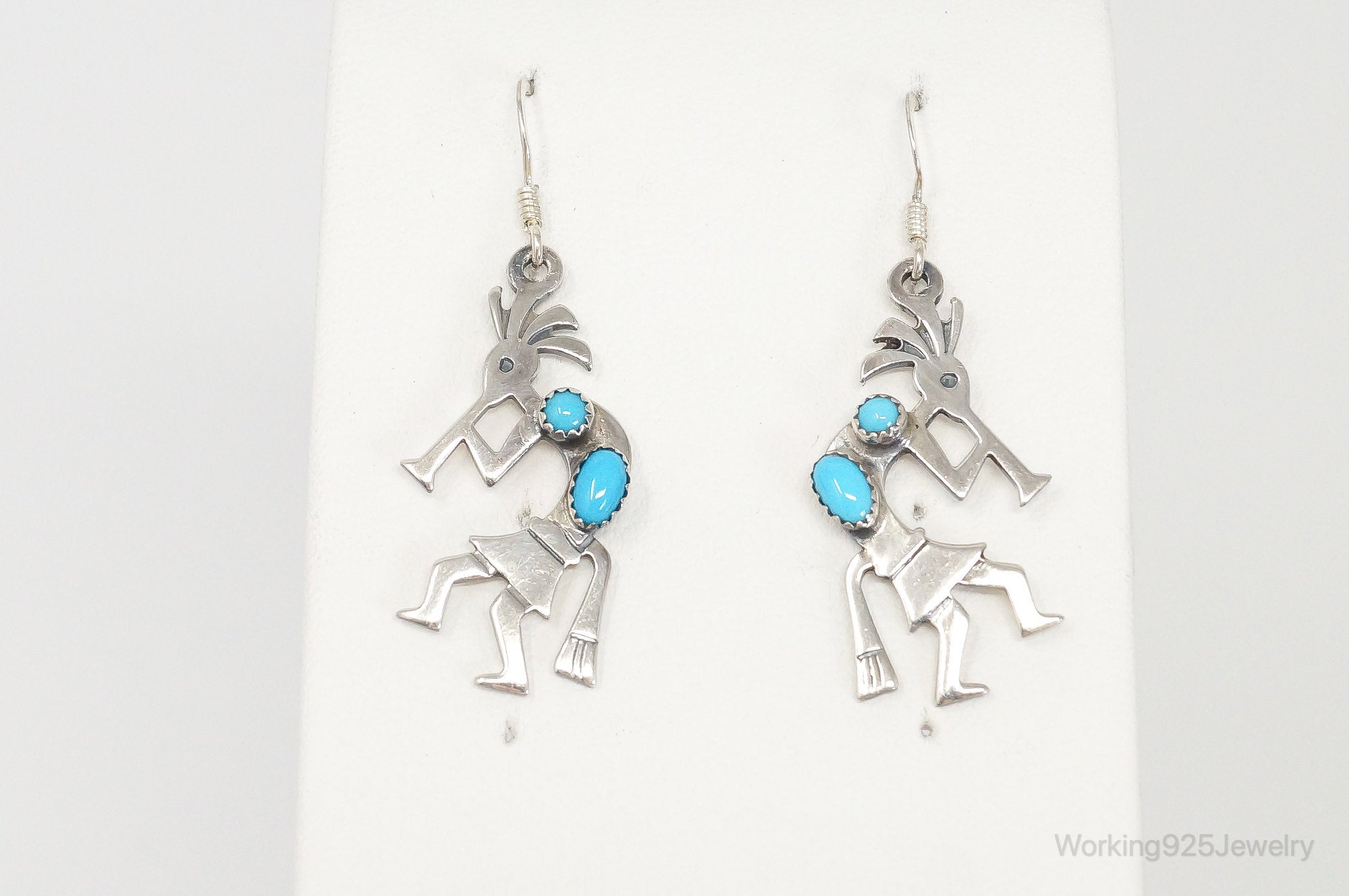 Vintage Native American Turquoise Dancing Kokopelli Sterling Silver Earrings