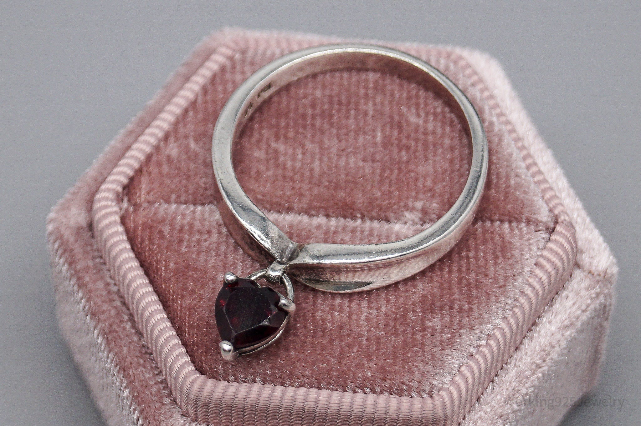 Vintage Avon Garnet Heart Charm Sterling Silver Ring - Size 11