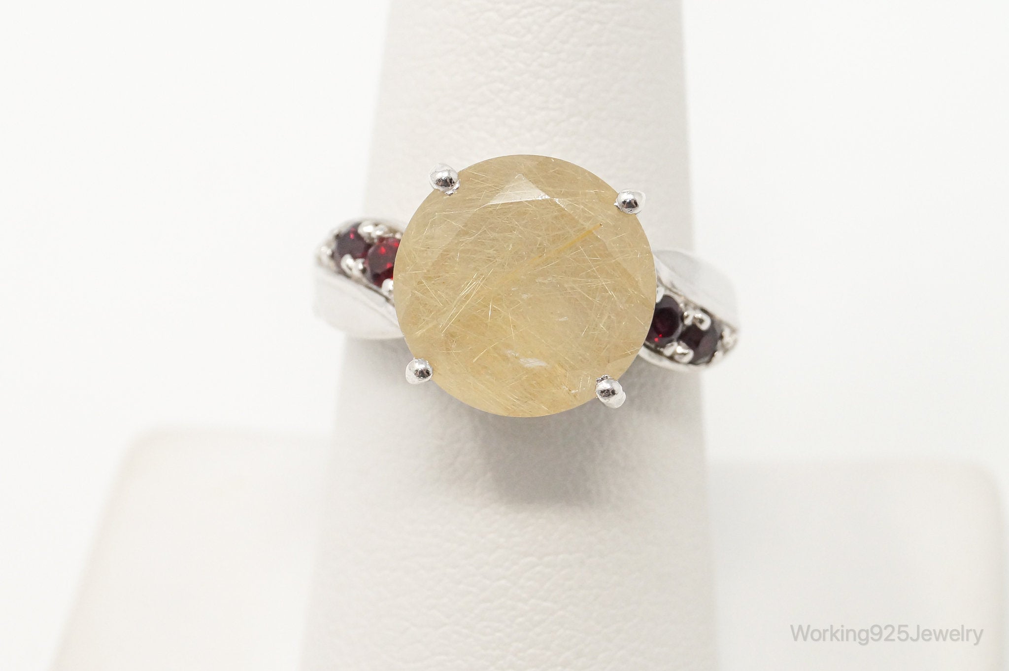 Vintage Rutilated Quartz Garnet Sterling Silver Ring - Sz 8