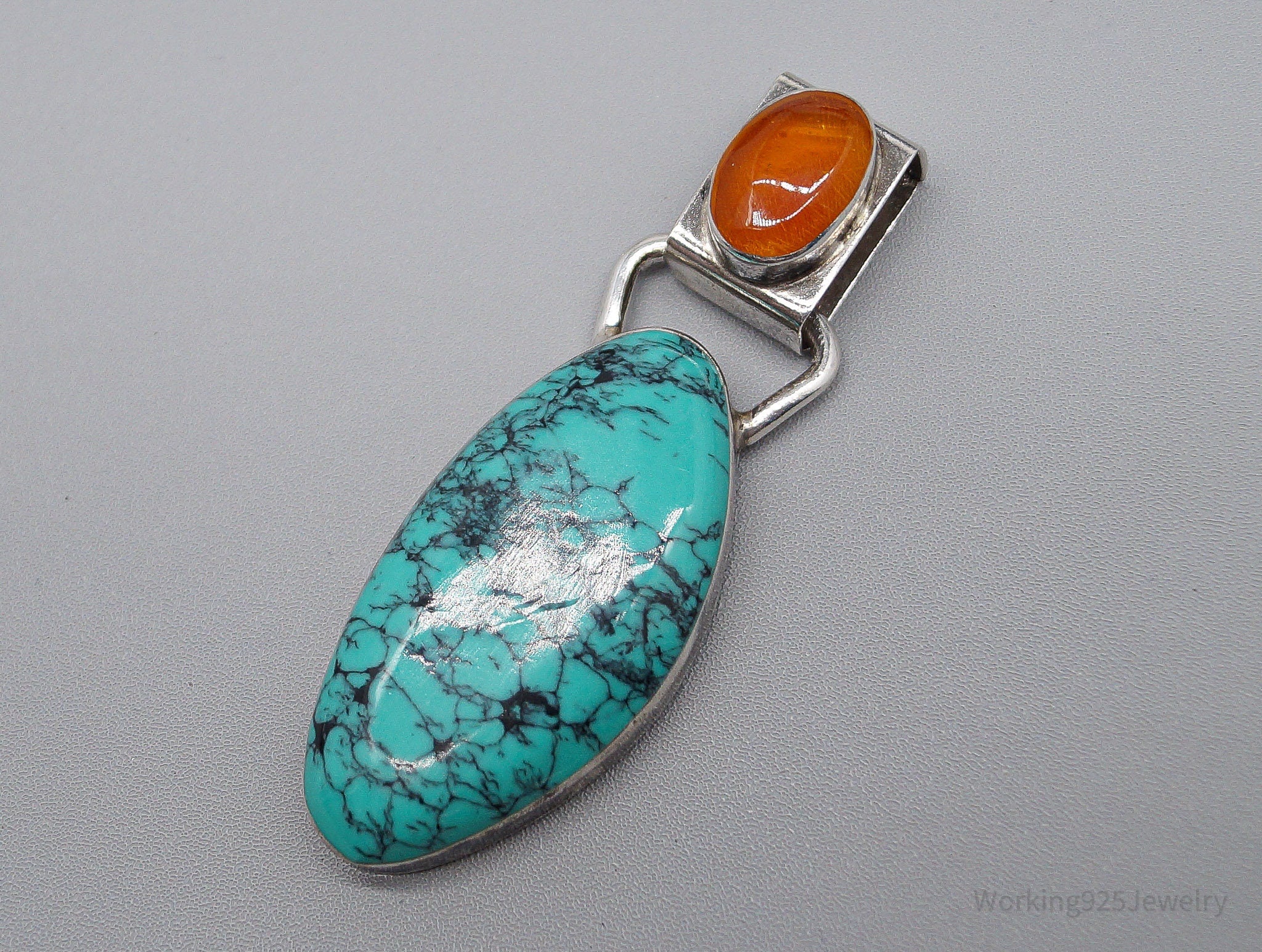 Large Vintage Mexico Modernist HOB Turquoise Carnelian Sterling Silver Pendant