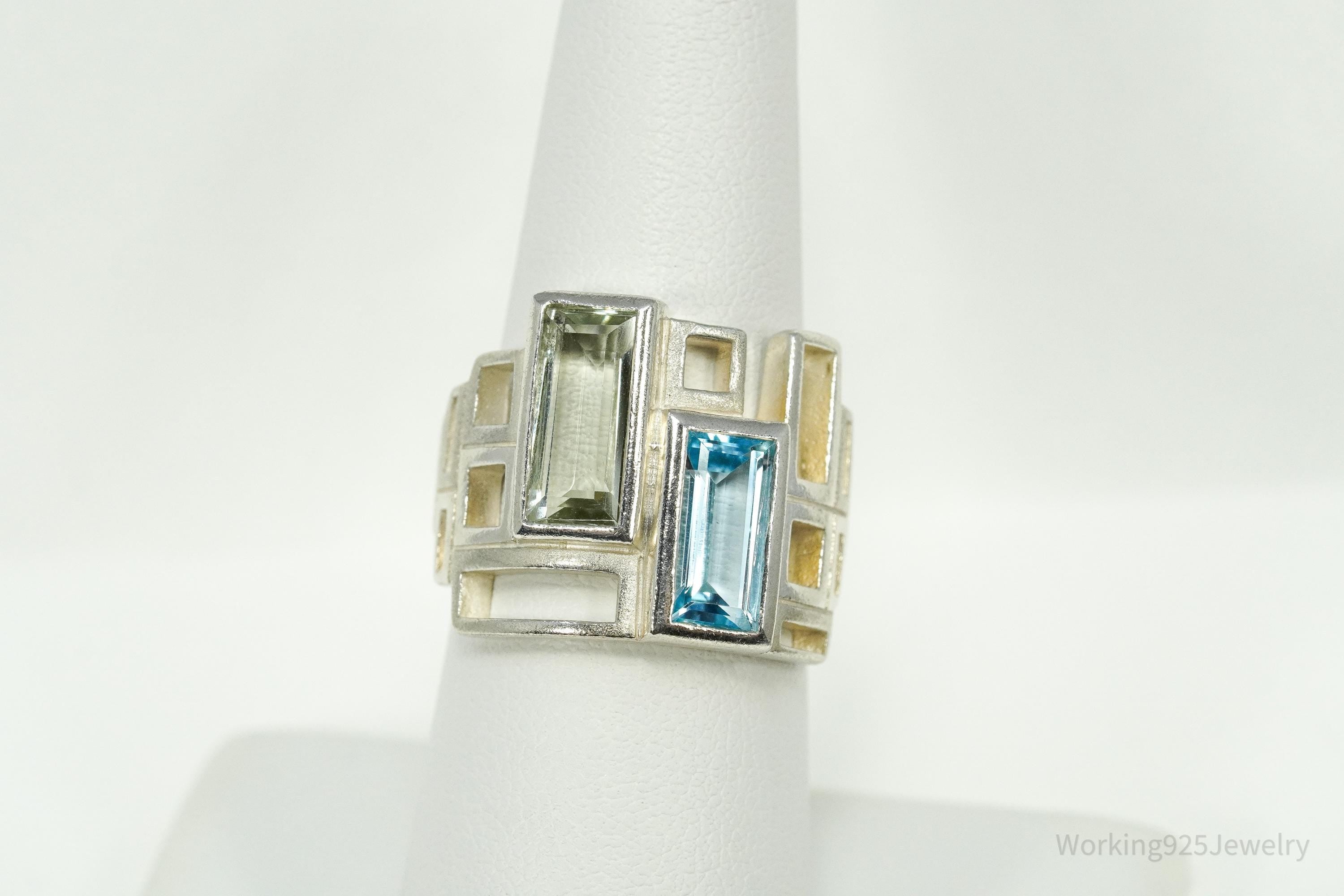 Vintage Green Amethyst & Blue Topaz Modernist Style Sterling Silver Irish Ring - Size 7.25