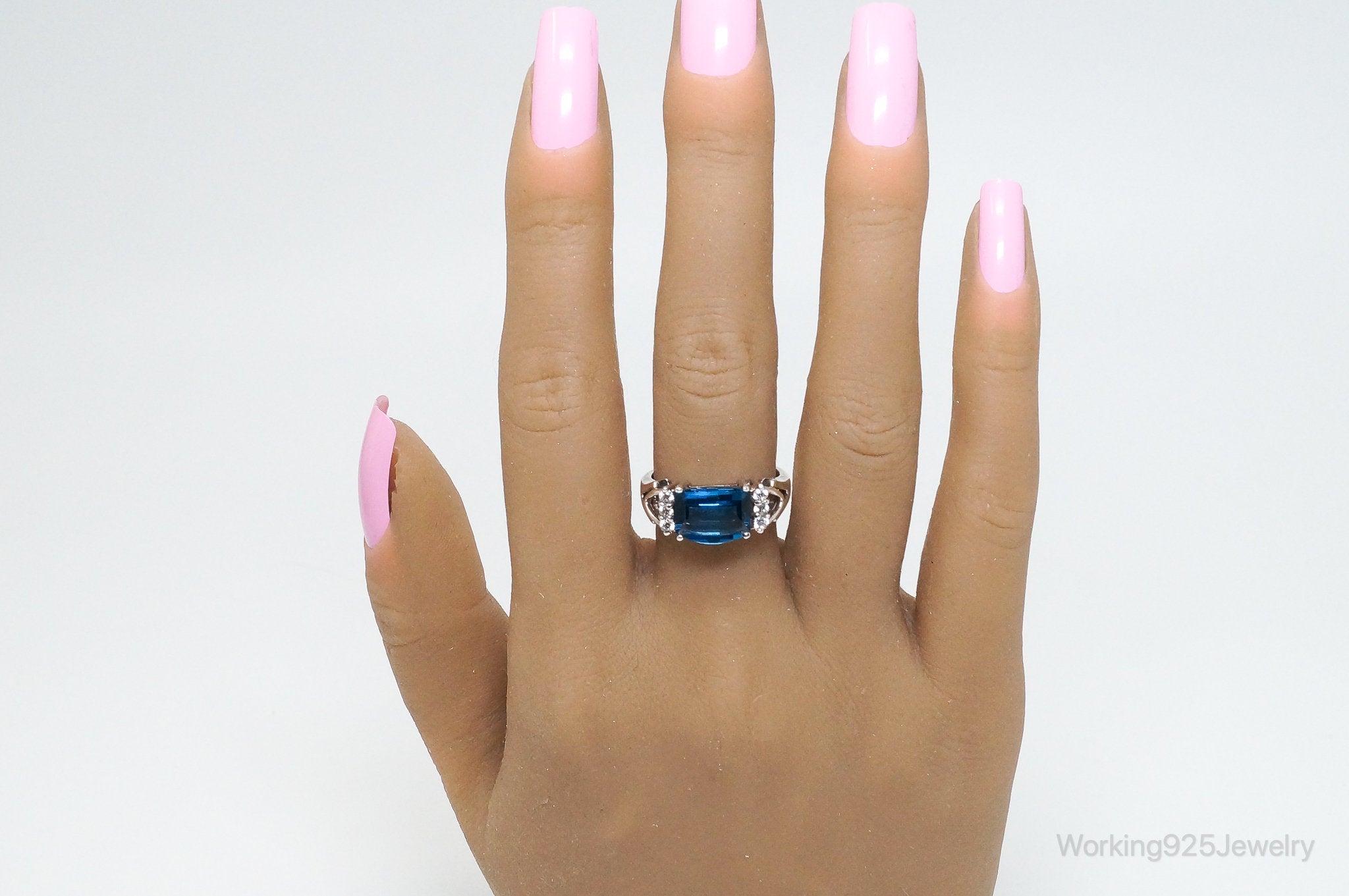 Vintage Art Deco Style Blue Diamonique Cubic Zirconia Sterling Silver Ring SZ 8