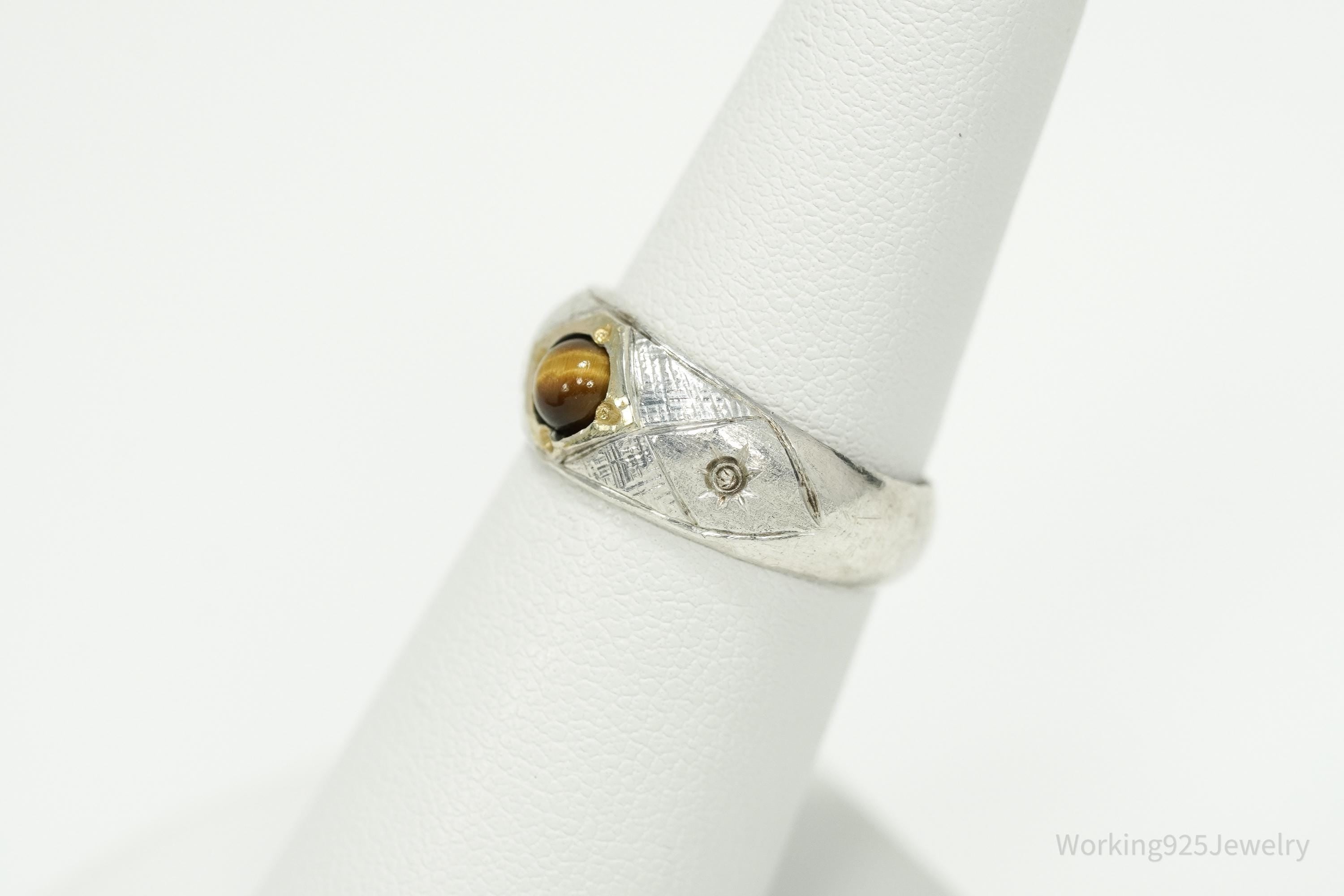 Antique Vintage Tigers Eye Gold Wash Silver Ring - Size 6.25