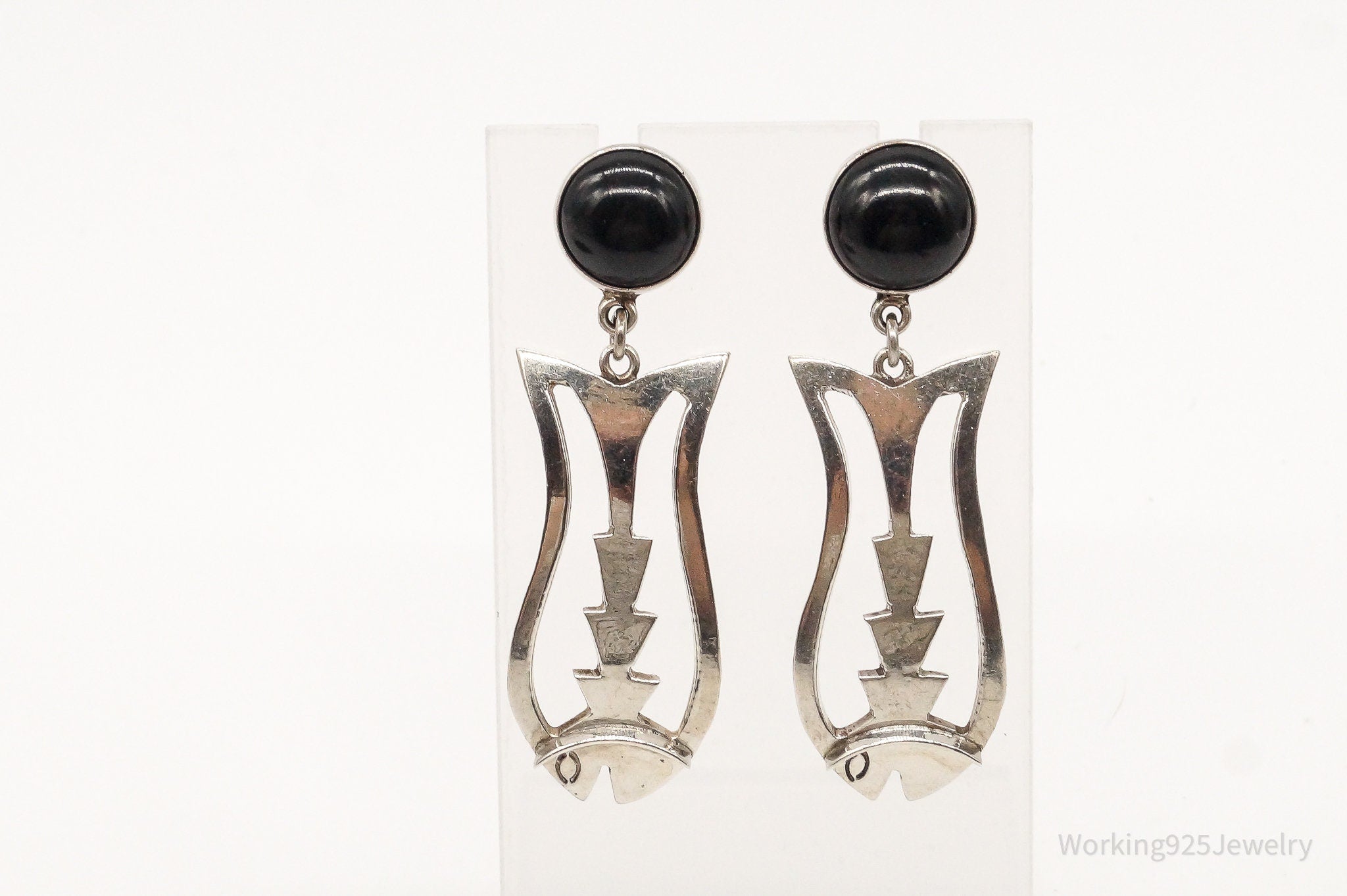 Vintage Mexico Modernist Black Onyx Fish Sterling Silver Earrings