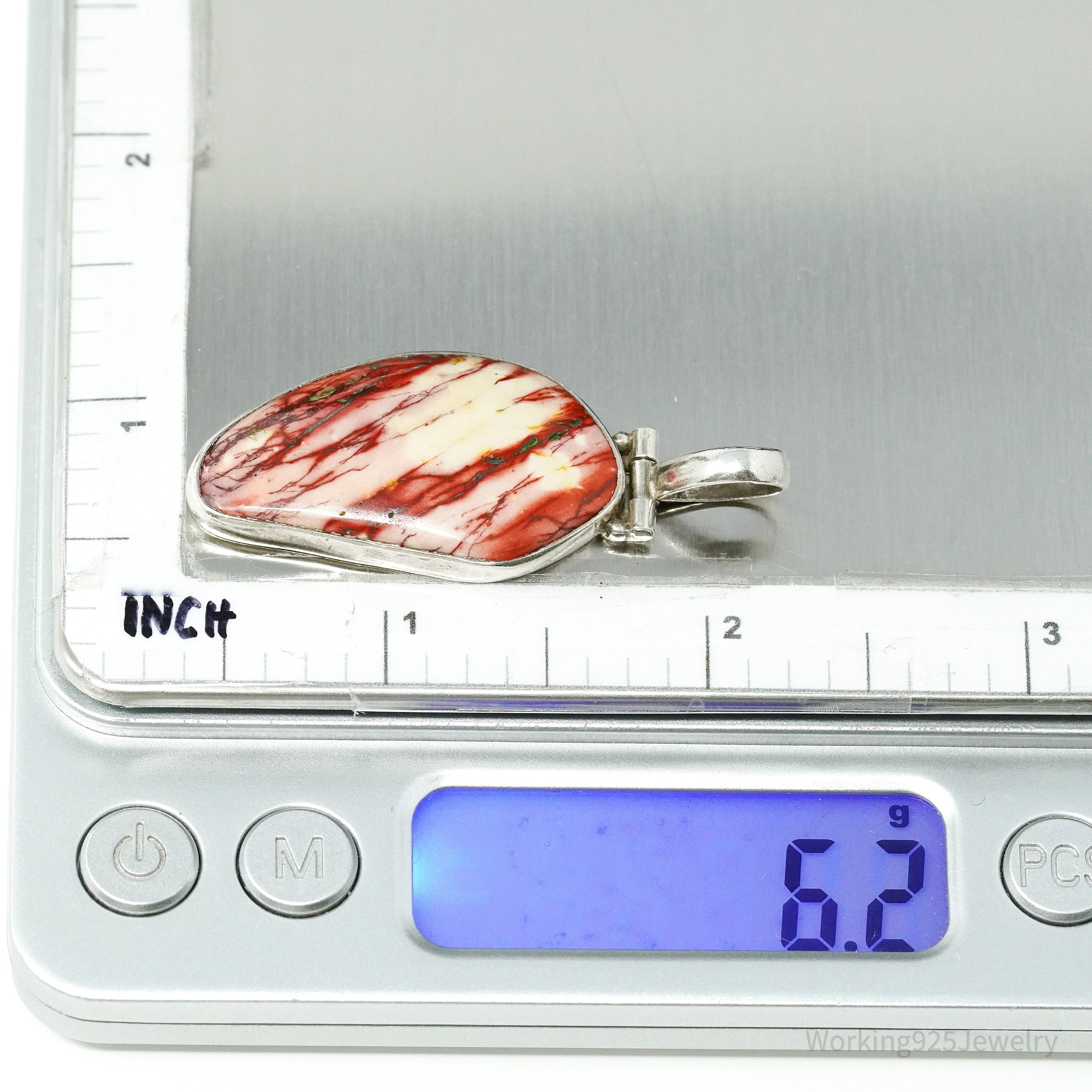 Vintage Large Red Snakeskin Jasper Sterling Silver Necklace Pendant