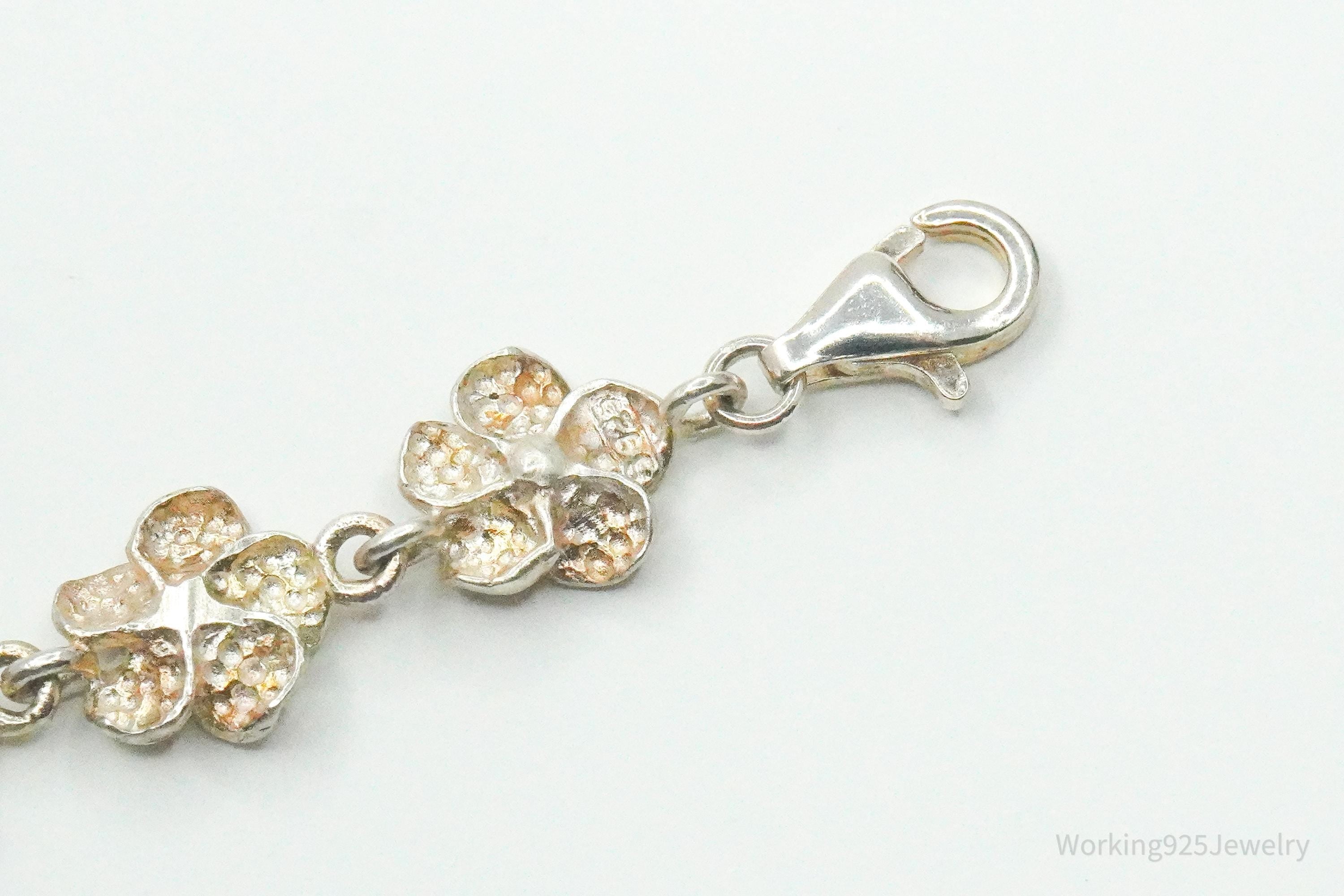 Vintage Cubic Zirconia Flowers Sterling Silver Bracelet 7 5/8"