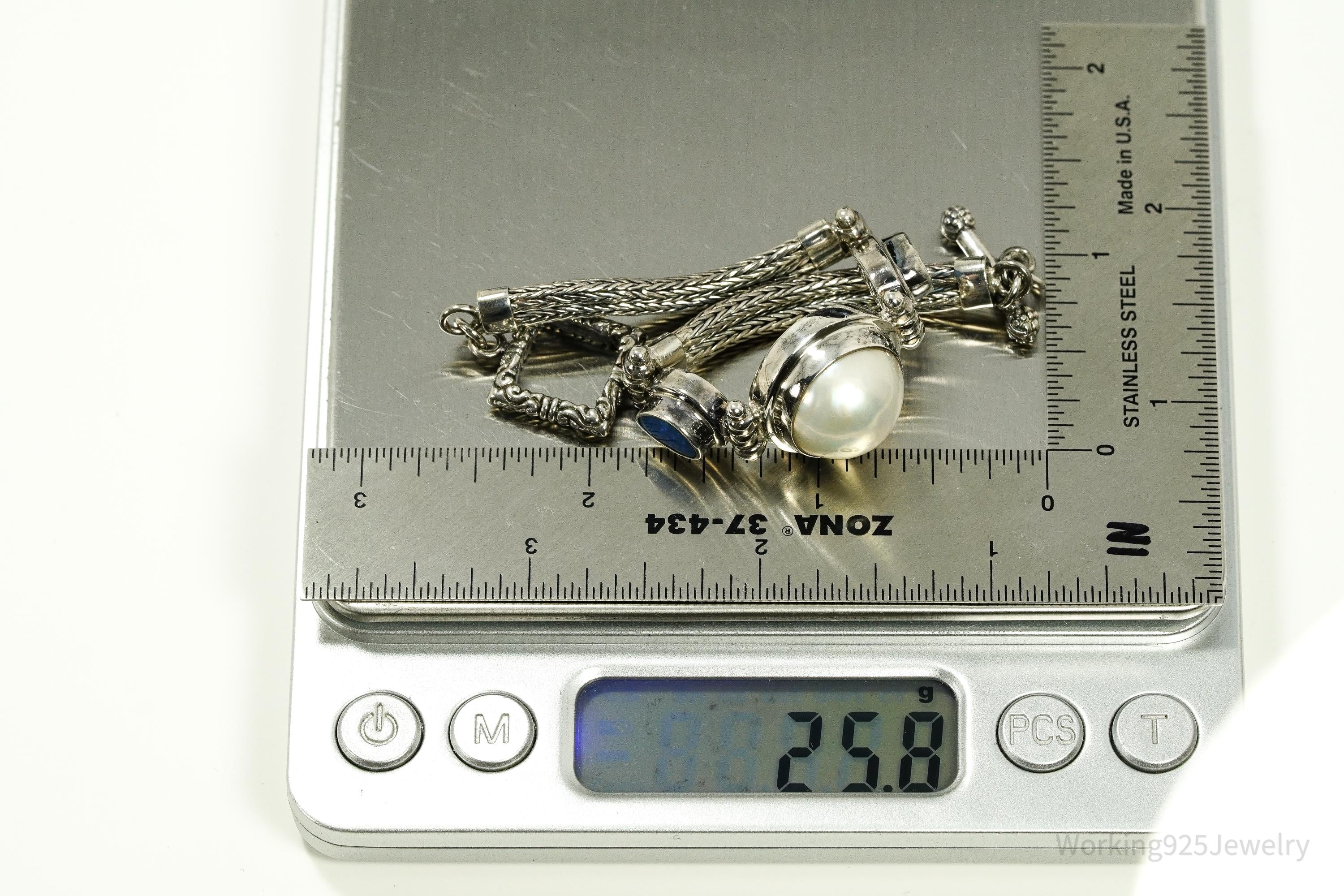 Vintage White Pearl & Opal Sterling Silver Toggle Bracelet 7 1/8"