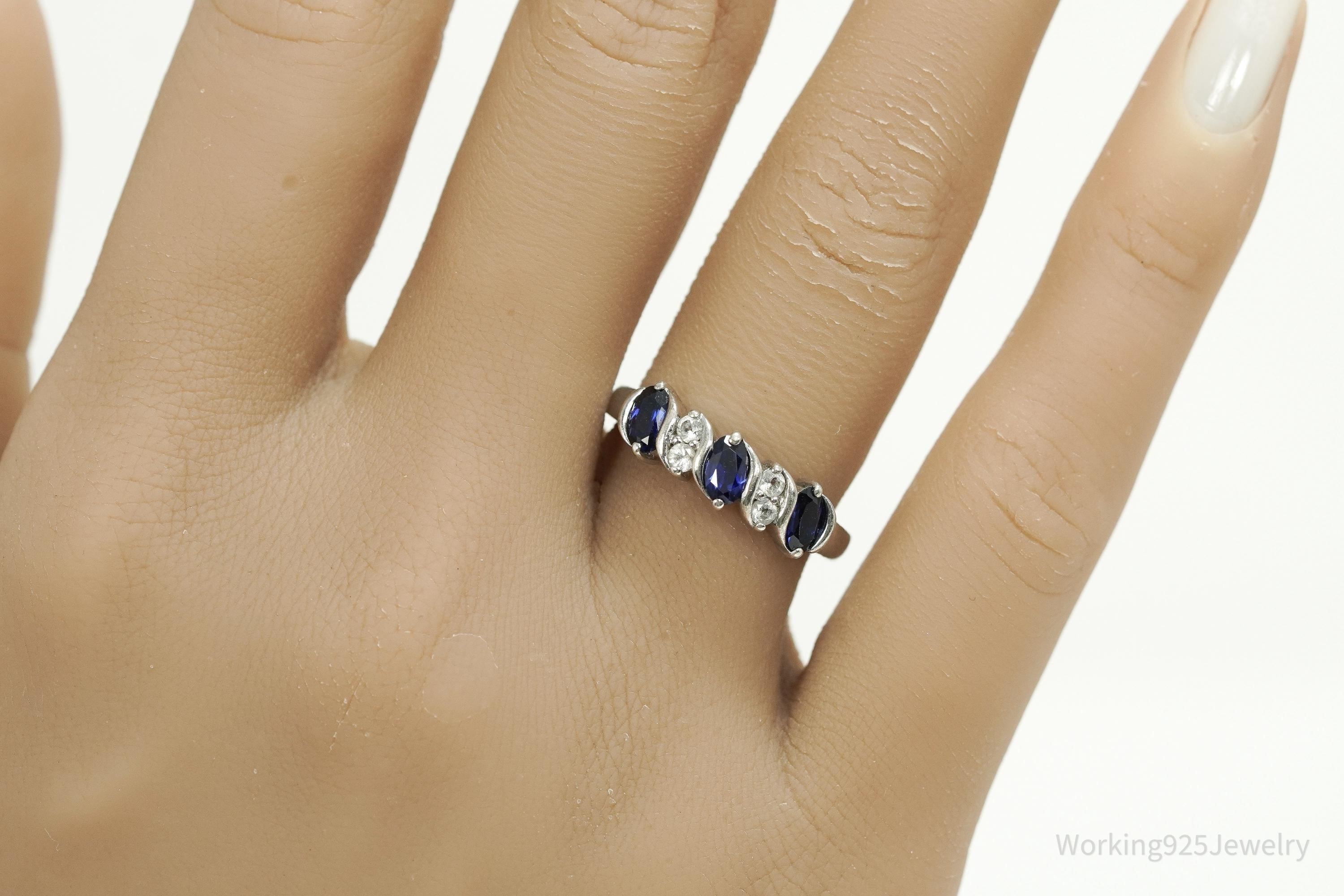 Vintage Lab Sapphire & White Topaz Sterling Silver Ring - Size 7