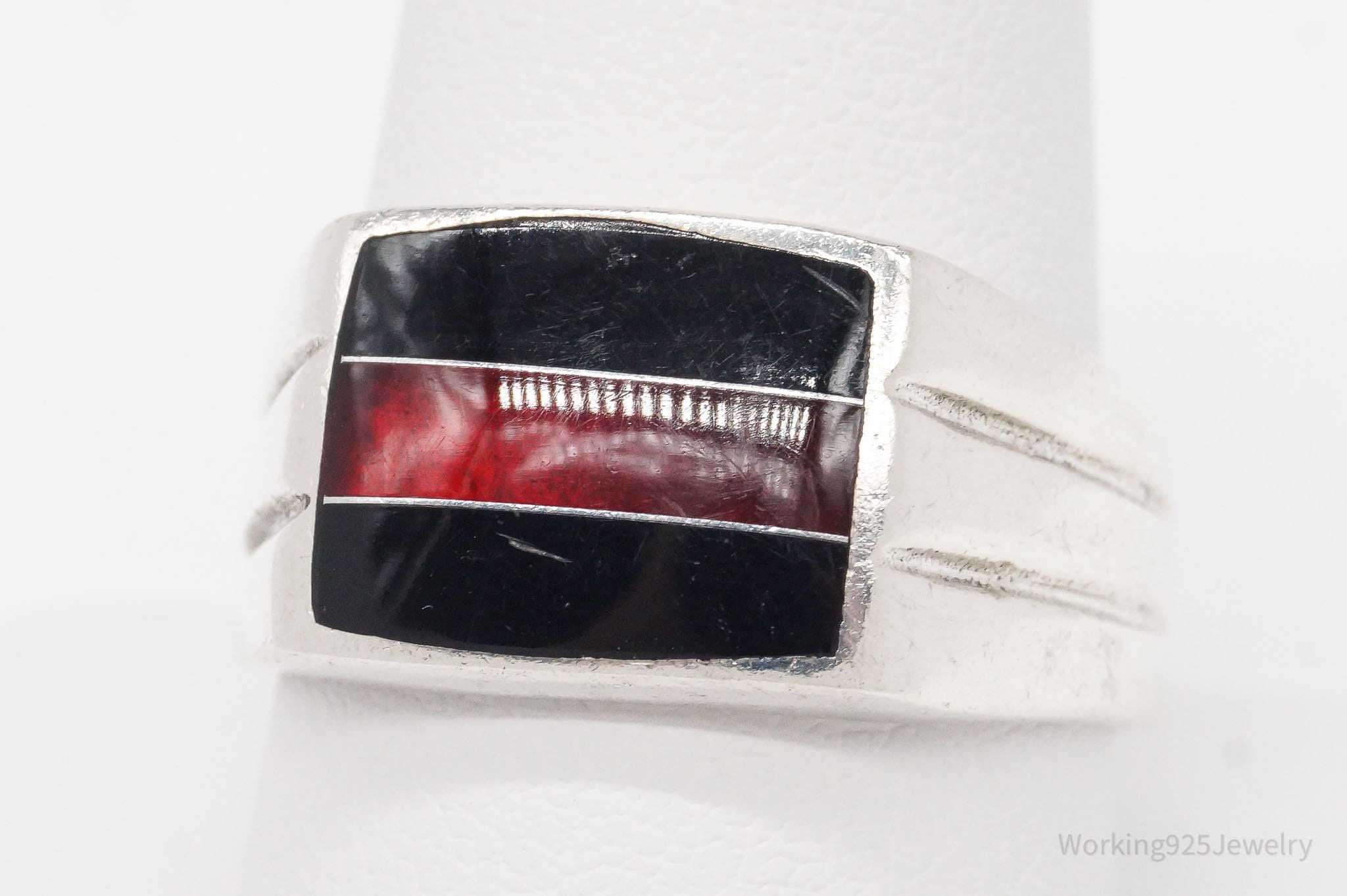 Vintage Red & Black Enamel Sterling Silver Ring - Size 10