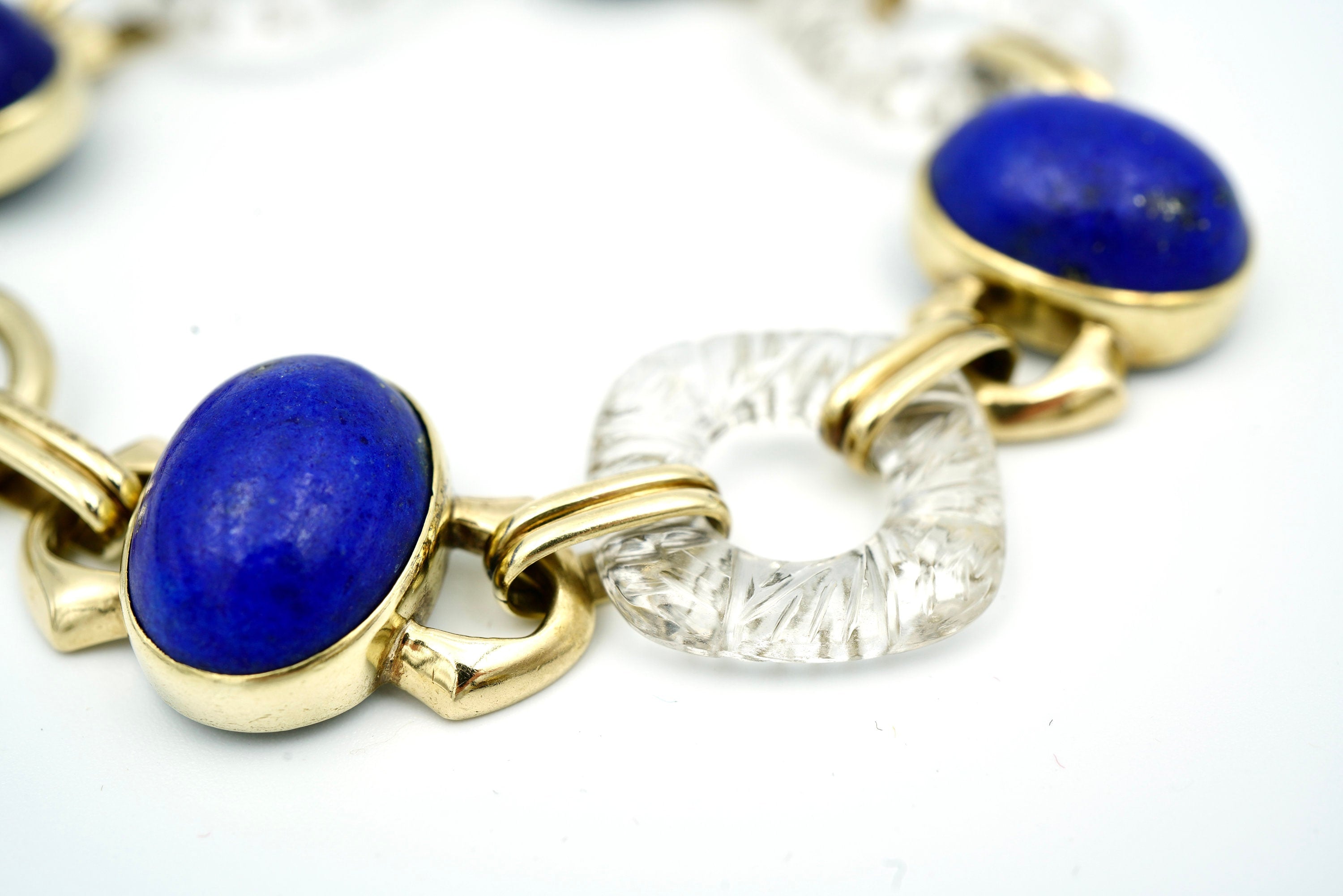 Vintage 14k Yellow Gold Lapis Lazuli & Rock Crystal Quartz Bracelet