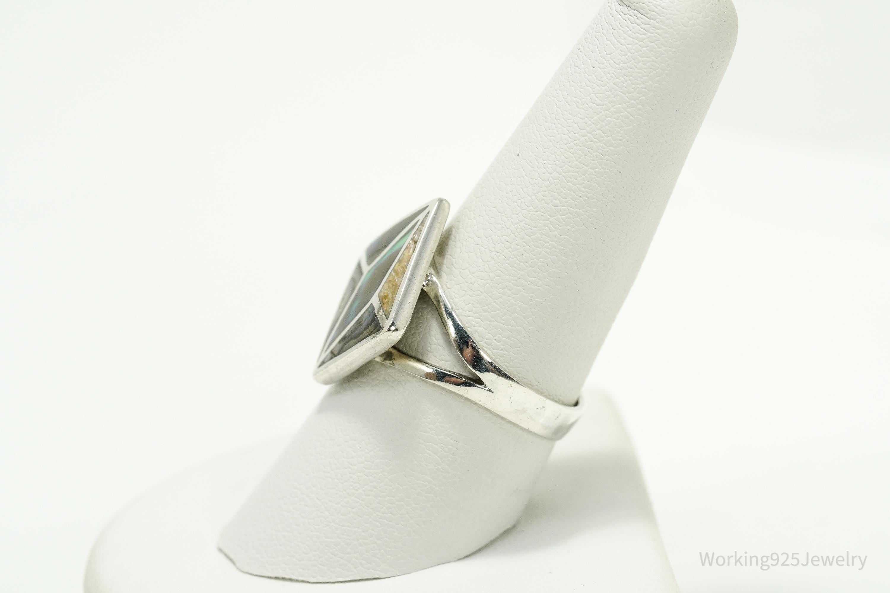 Vintage Paua Abalone Shell Inlay Sterling Silver Ring - Size 8.5