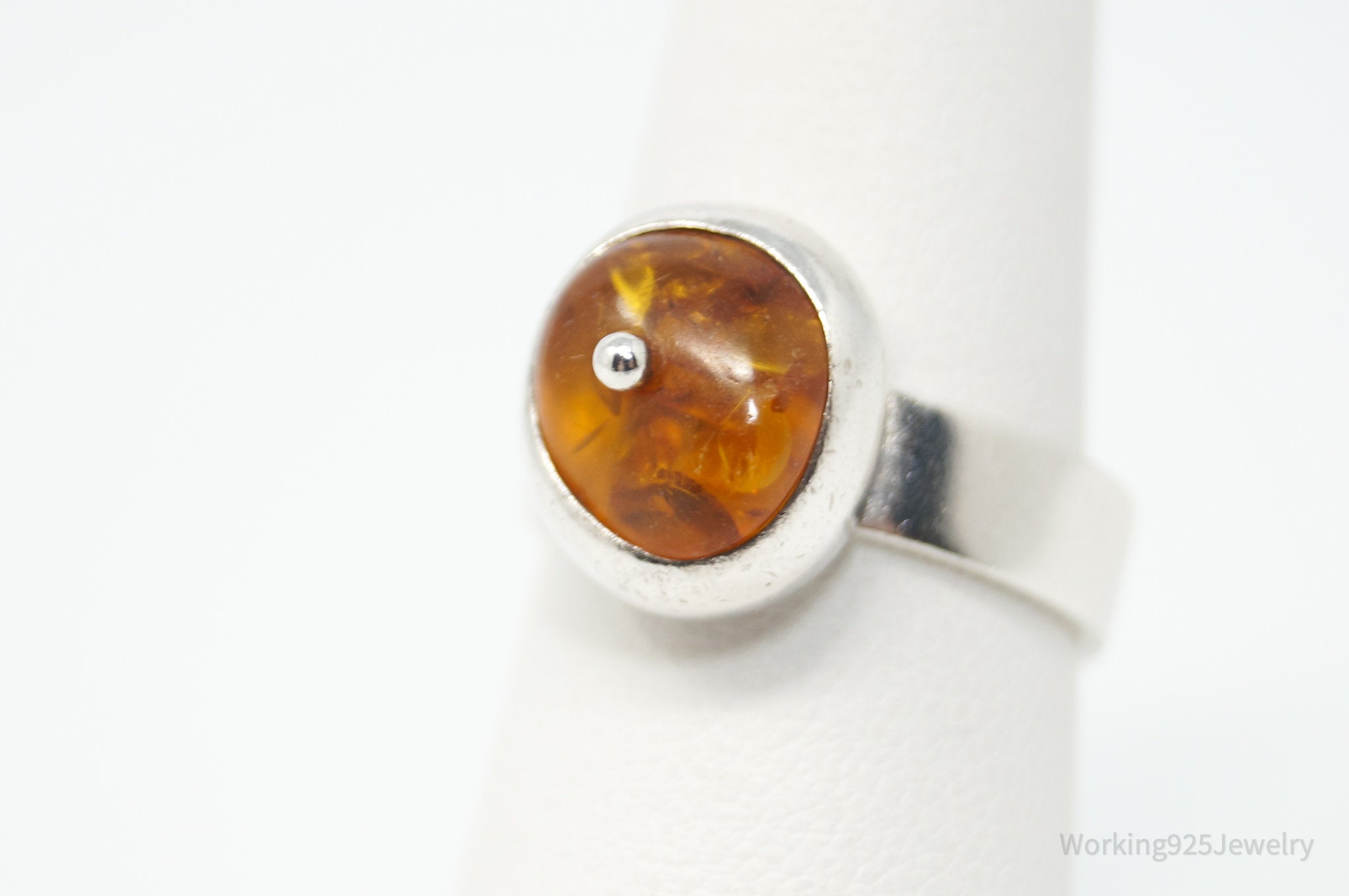 Vintage Unique Baltic Amber Sterling Silver Dot Ring - Size 7