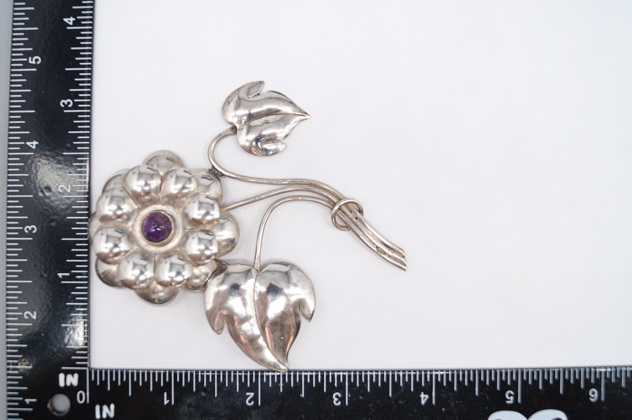Large Vintage Mexico Modernist Flower Amethyst & Sterling Silver Brooch Pin