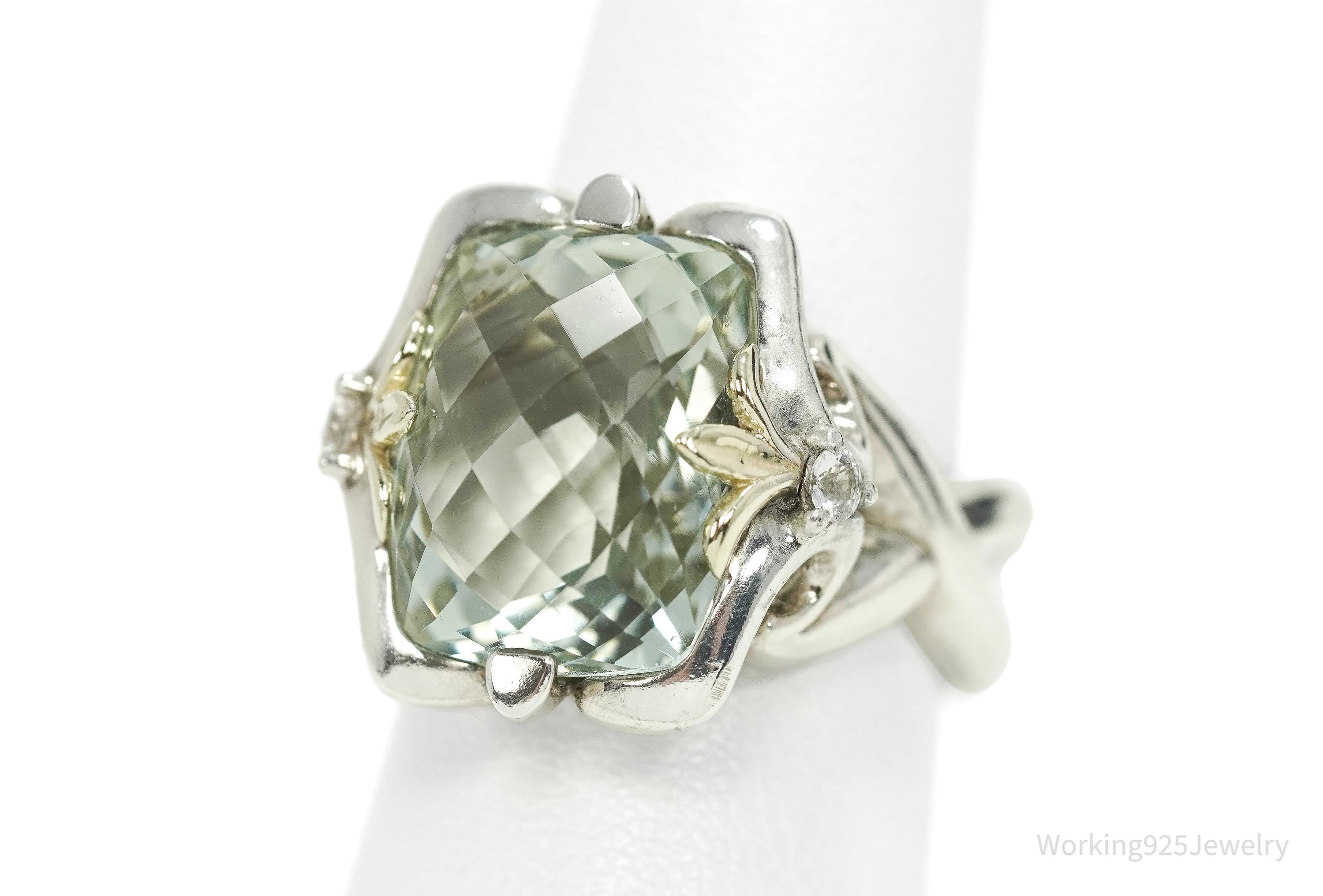 Retired Ann King Prasiolite & White Zircon 18K Gold Sterling Silver Ring Size 7