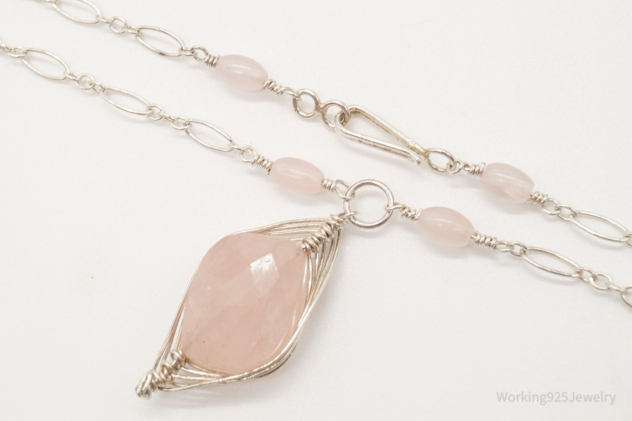 Vintage Large Rose Quartz Filigree Silver Necklace