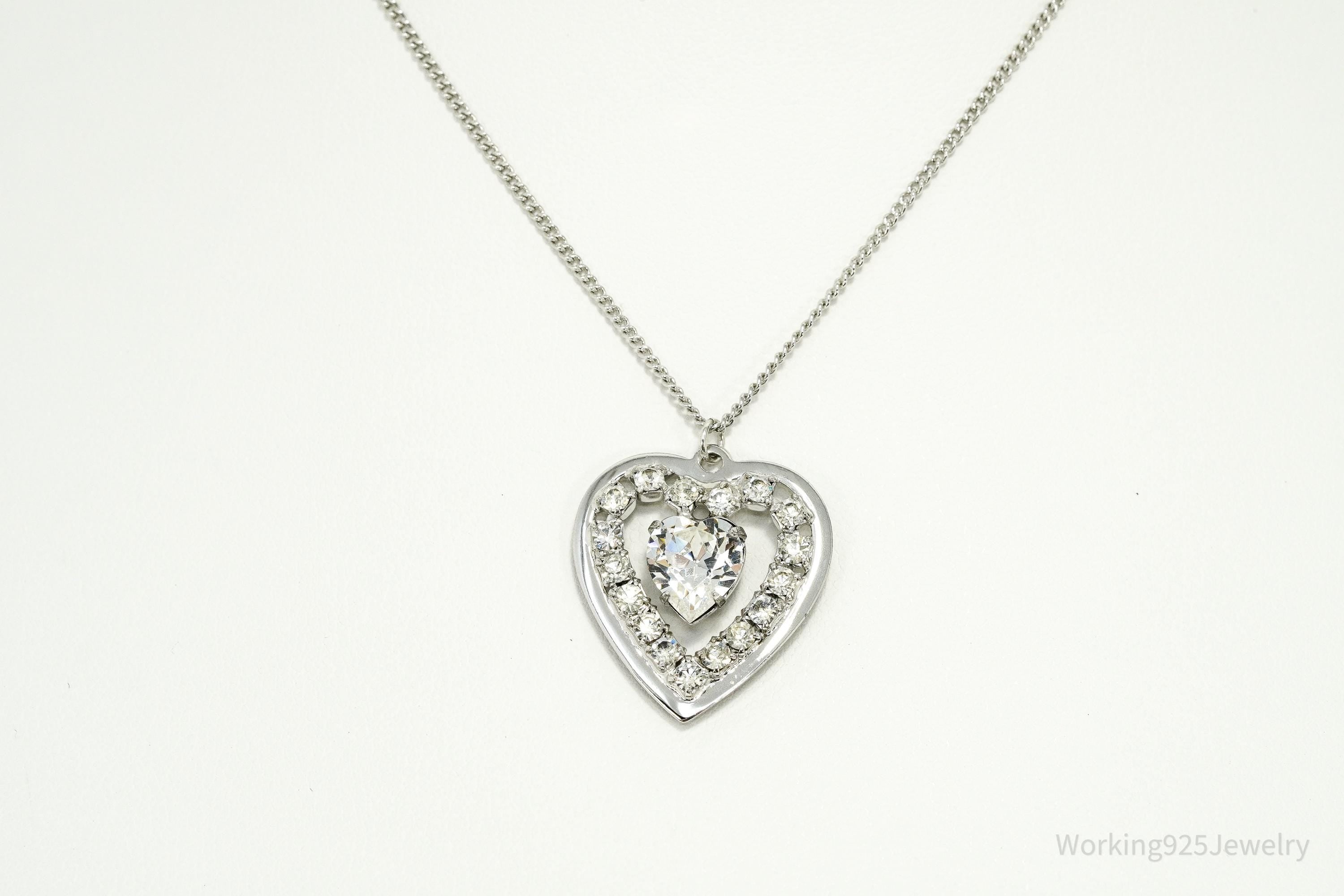 Vintage Faux Diamonds Sterling Silver Heart Chain Necklace 17"
