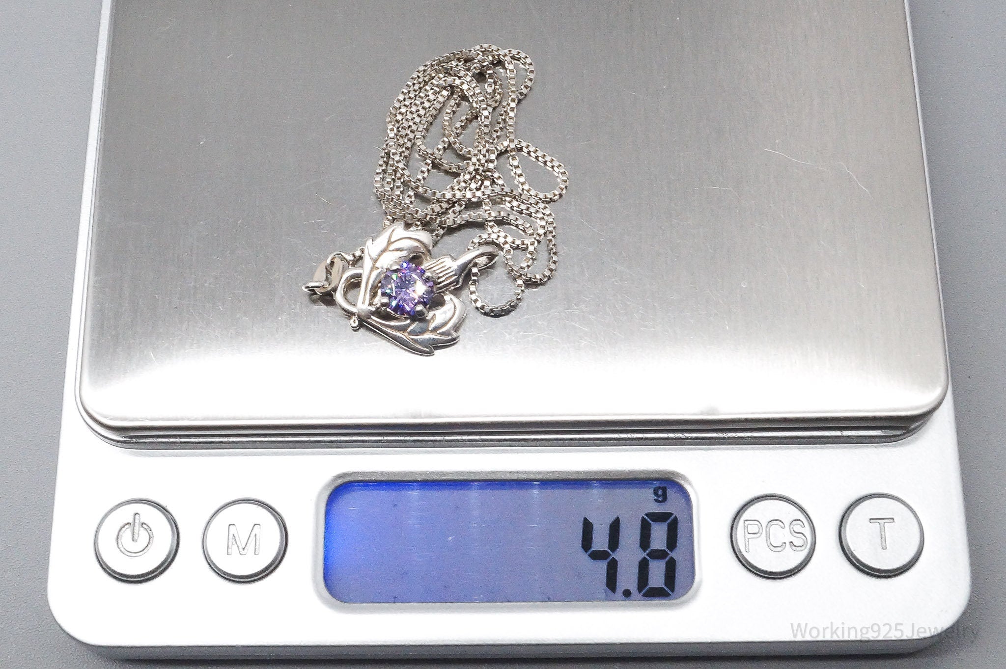 Vintage Purple Cubic Zirconia Scottish Thistle Sterling Silver Necklace 18"