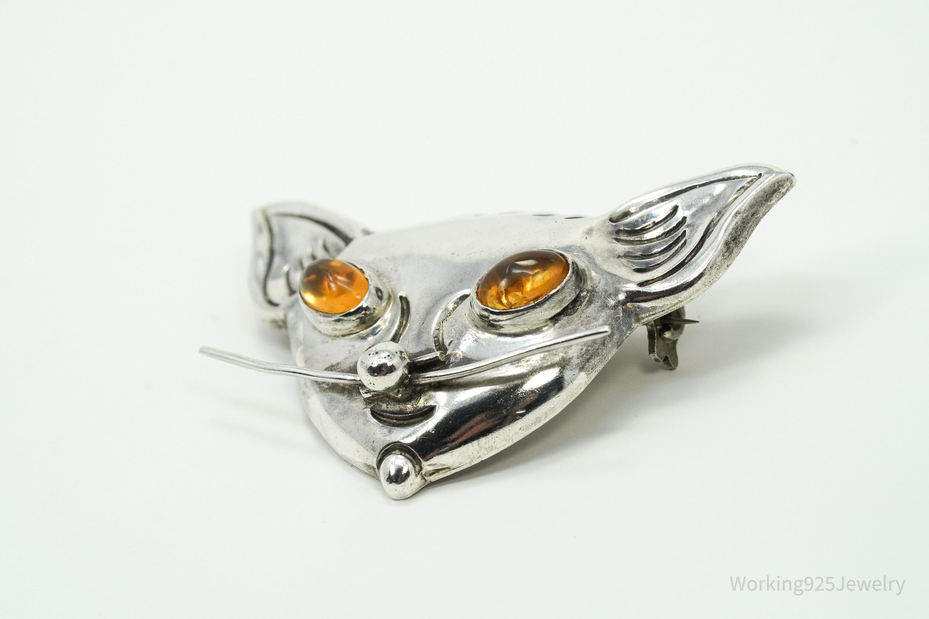 Large Vintage Mexico Amber Eyes Cat Head Sterling Silver Brooch Pin