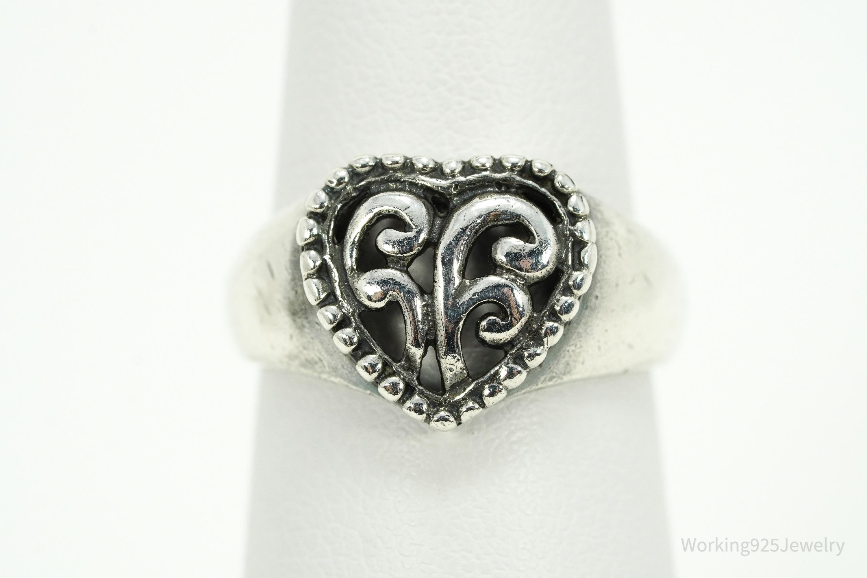 Vintage Scroll Heart Sterling Silver Band Ring - Size 7