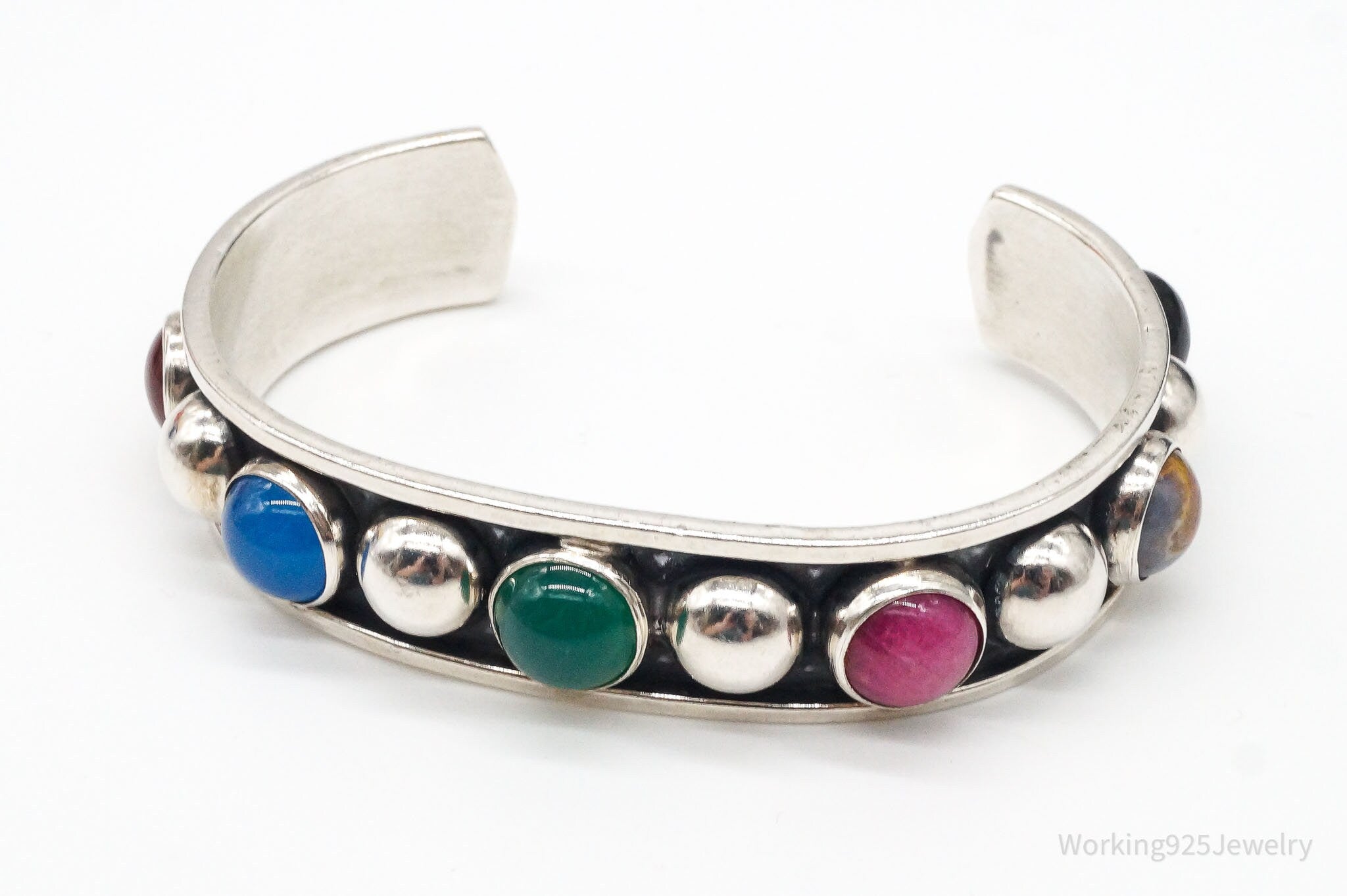 Vintage Mexico Multi Gemstone Sterling Silver Cuff Bracelet