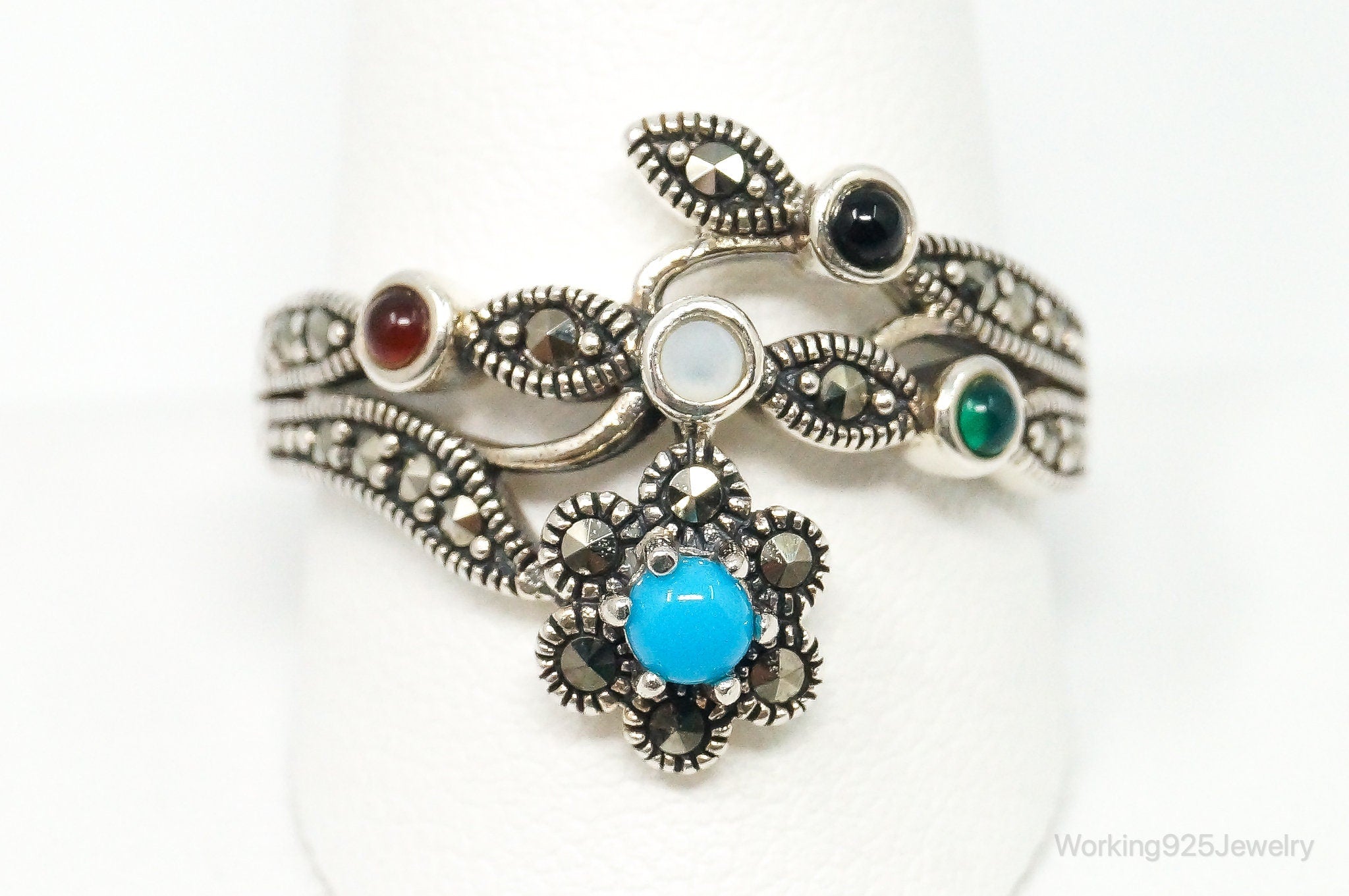 Vintage Multi Gemstone Flower Sterling Silver Ring - Size 12