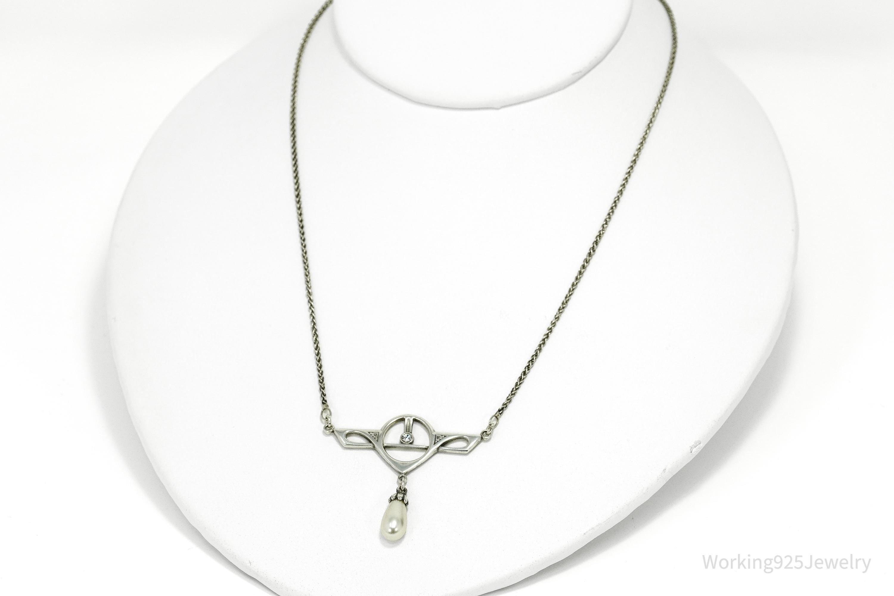 Vintage Art Nouveau Style Pearl & Swarovski Crystal Sterling Silver Necklace 15"