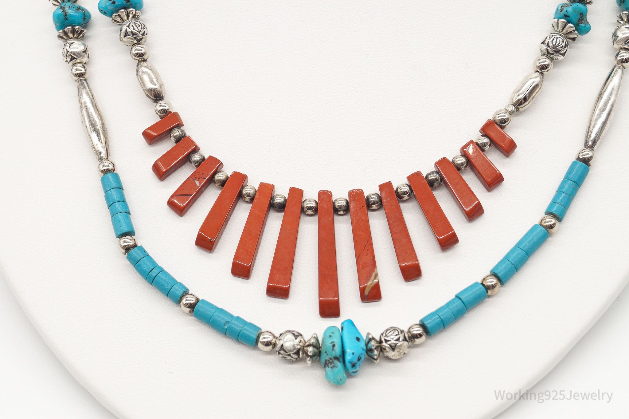 Vintage Native American Red Jasper Blue Turquoise Silver Bead Necklace 24"