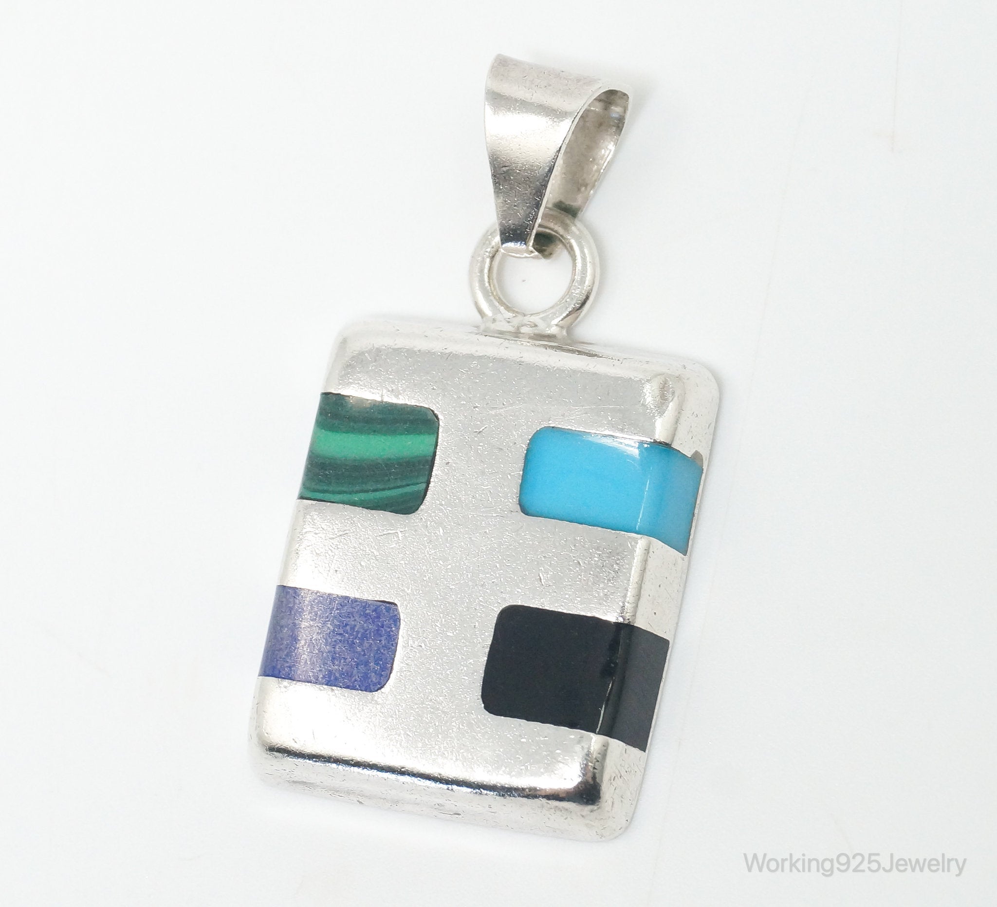 Vintage Mexico Designer ATI Multi Gem Southwestern Sterling Silver Pendant