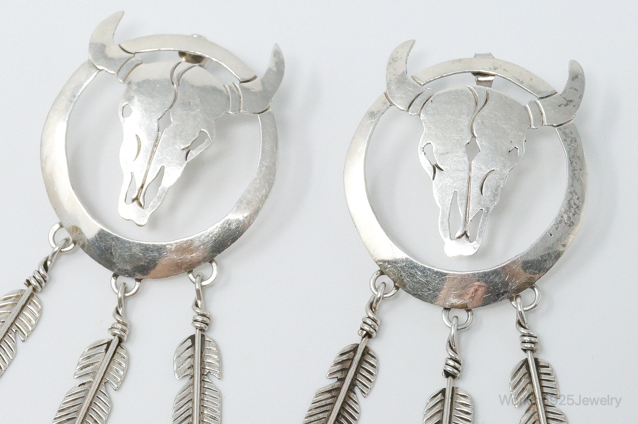 Vintage Native American WS Skull Dream Catcher Sterling Silver Earrings