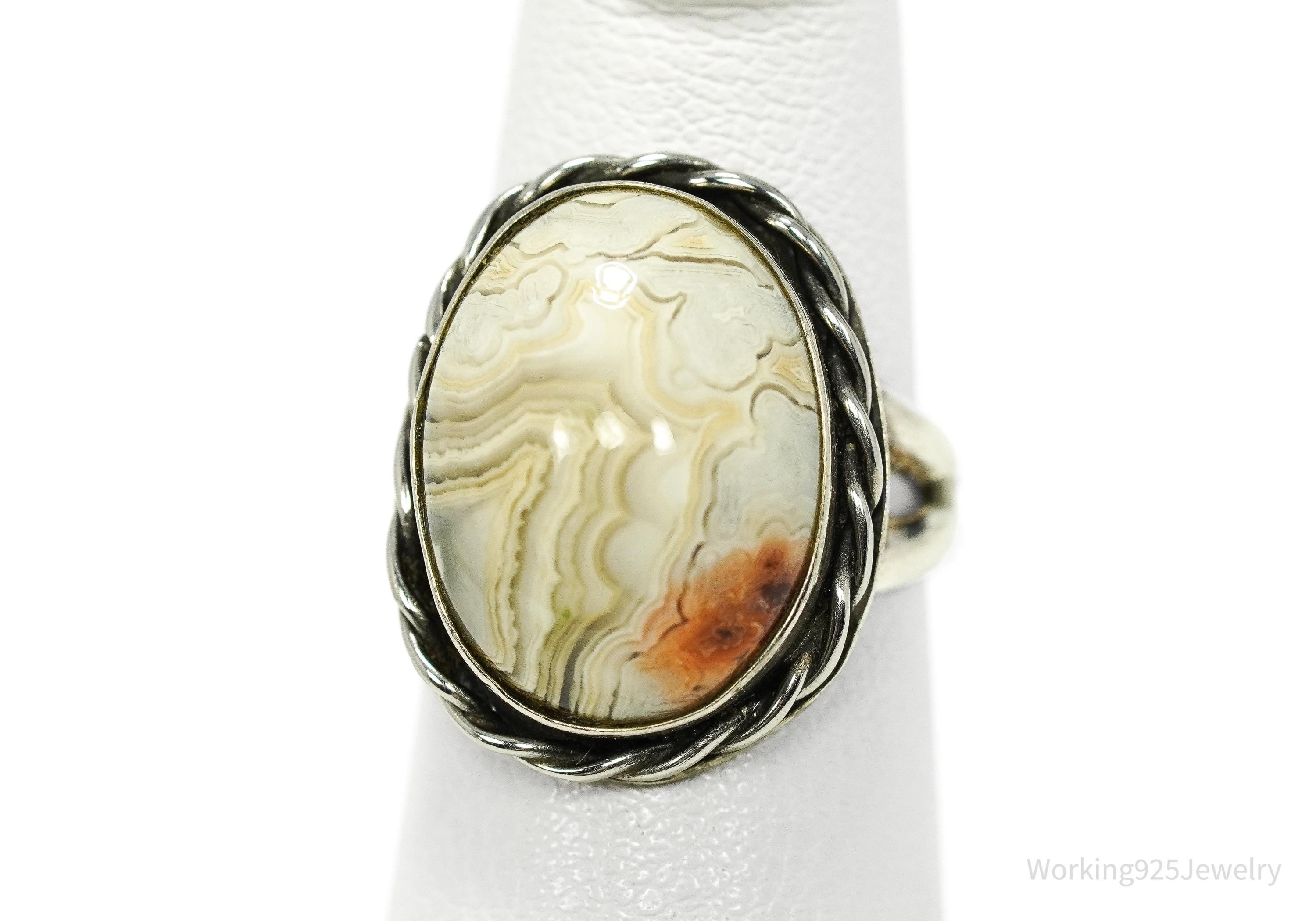 Vintage Agate Silver Ring Size 4.5