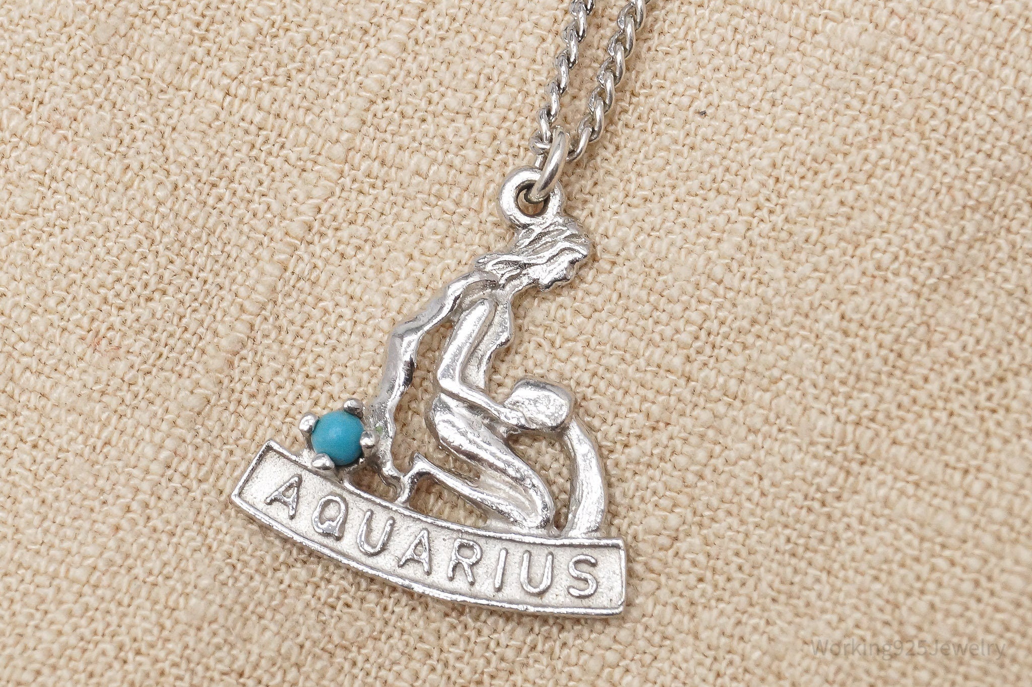 Vintage Aquarius Zodiac Sign Turquoise Sterling Silver Necklace 15"