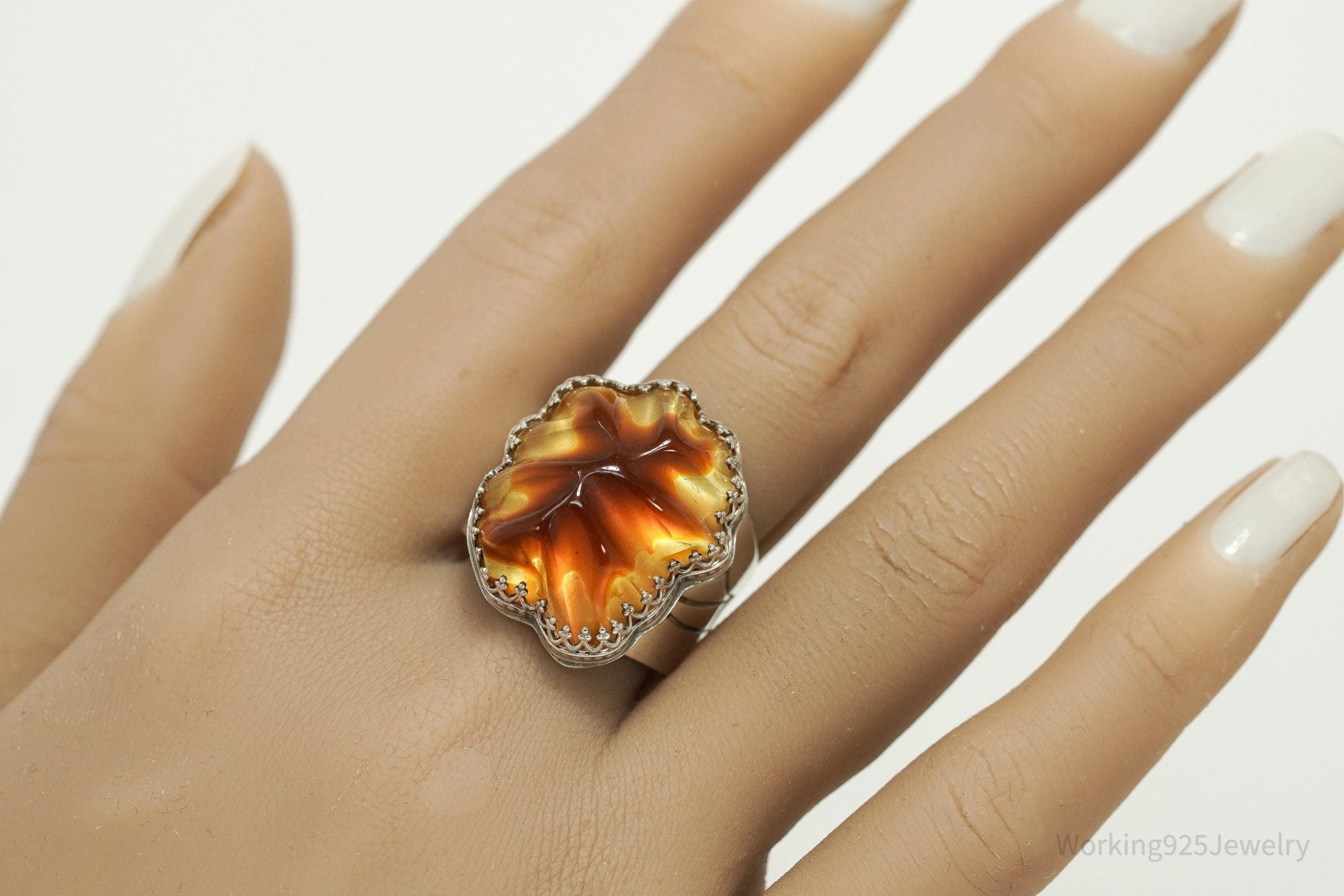 Vintage Jay King Mine Finds Sterling Silver Amber Statement Ring Size 11