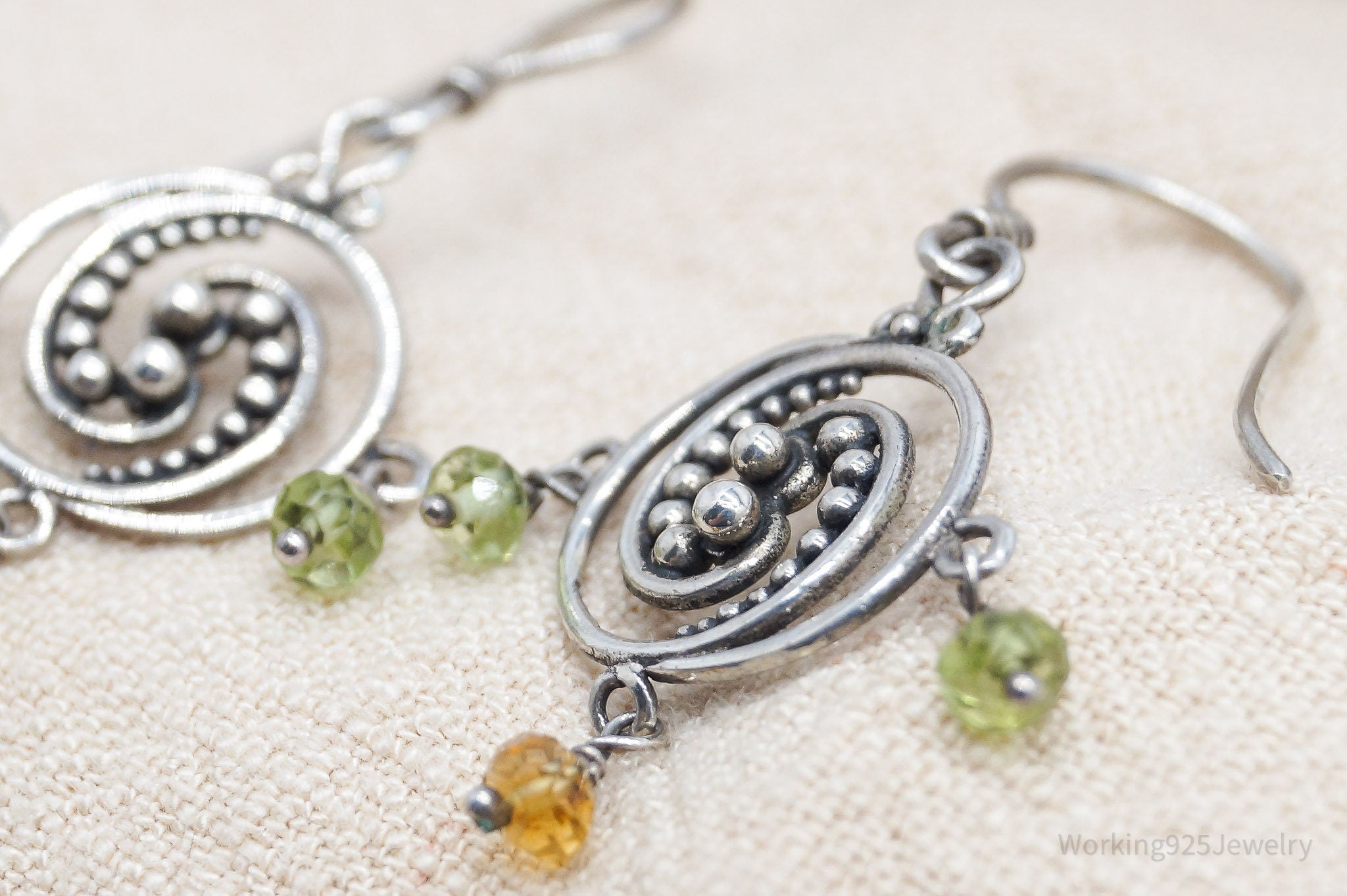 Vintage Peridot & Citrine Filigree Silver Earrings