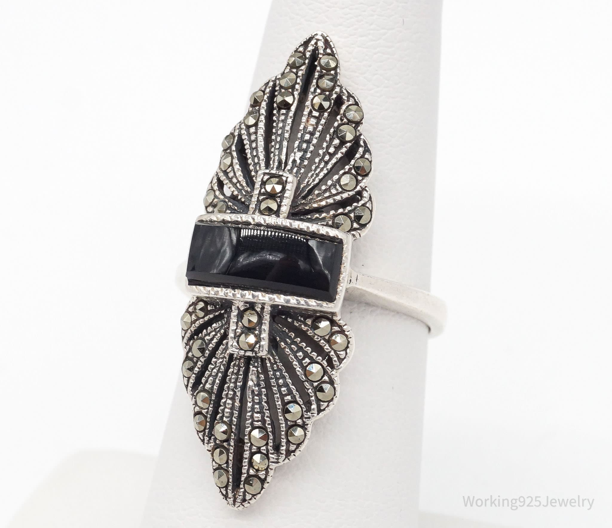 Vintage Marcasite Black Onyx Sterling Silver Ring - Size 7