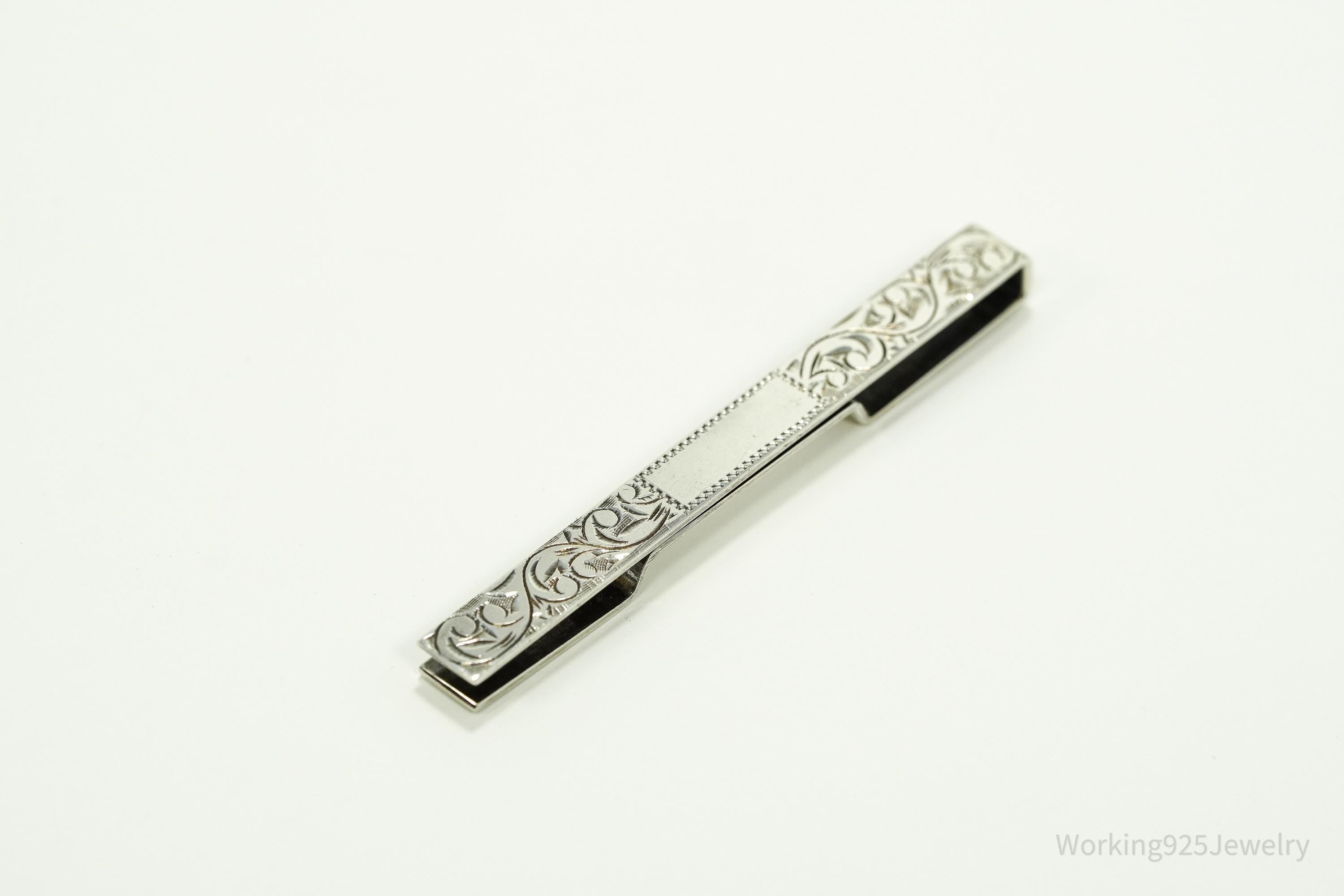 Vintage Floral Etched 950 Sterling Silver Money Tie Money Clip