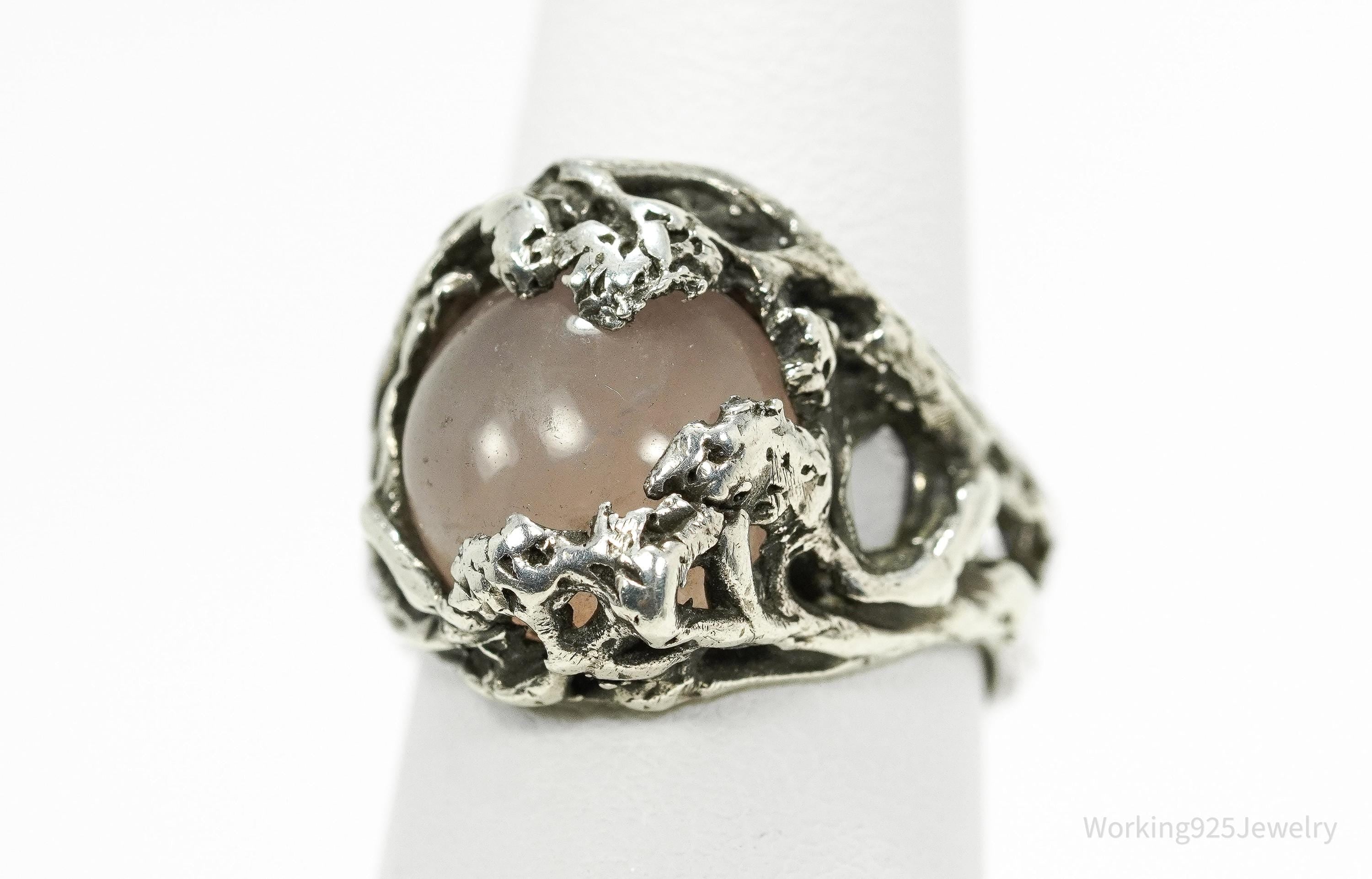 Vintage Brutalist Rose Quartz Sterling Silver Ring - Size 6.5