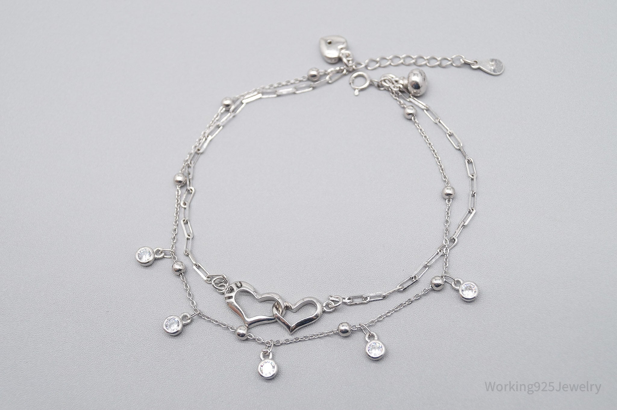 Vintage Cubic Zirconia & Hearts Sterling Silver Link Bracelet / Anklet 9.5"