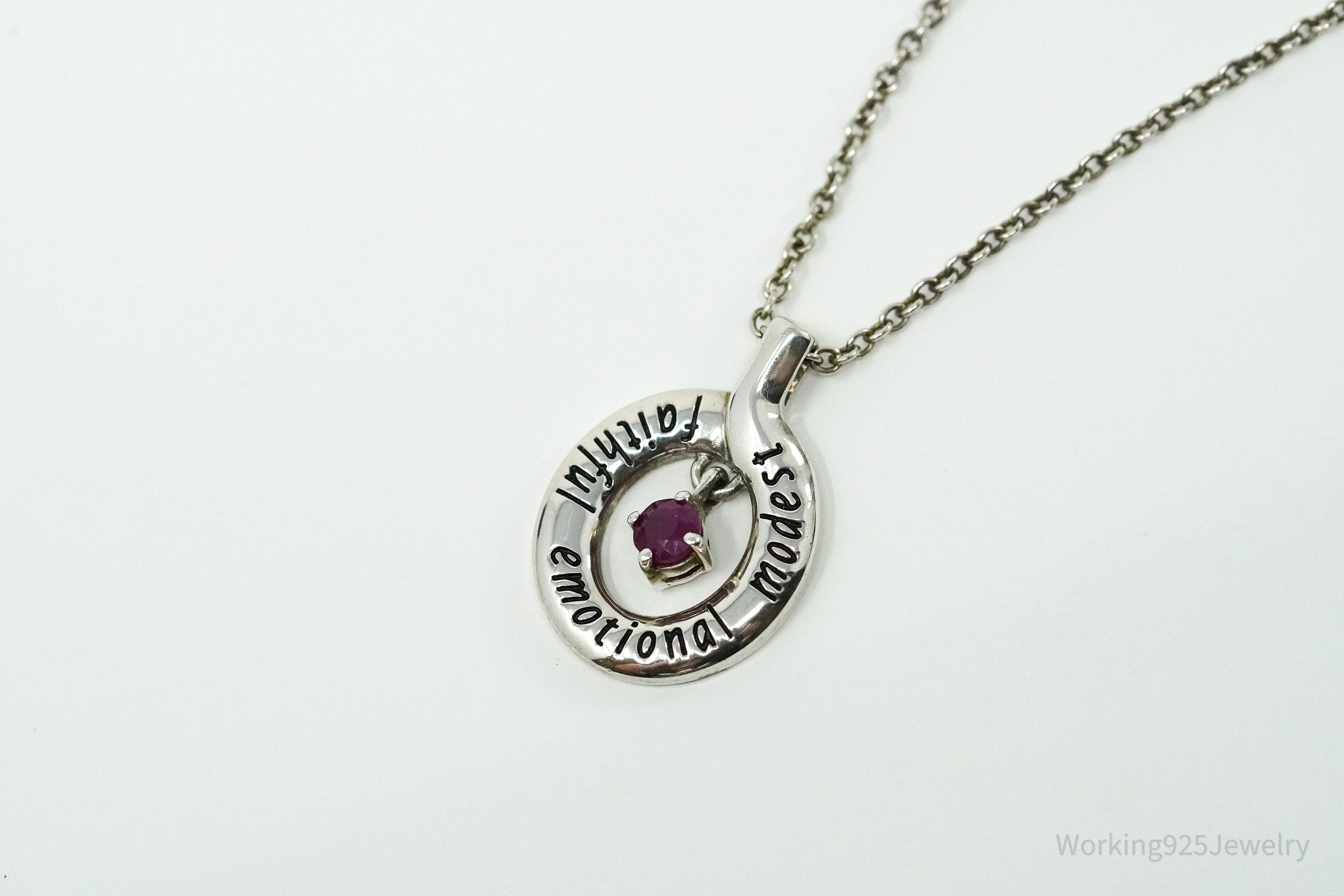 Vintage "Faithful Emotional Modest" Ruby Sterling Silver Necklace 18"