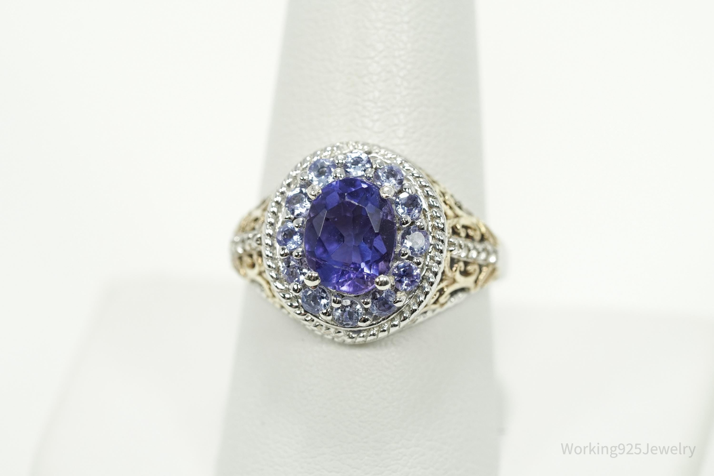 Vintage Tanzanite & White Topaz Gold Vermeil Sterling Silver Ring Size 9