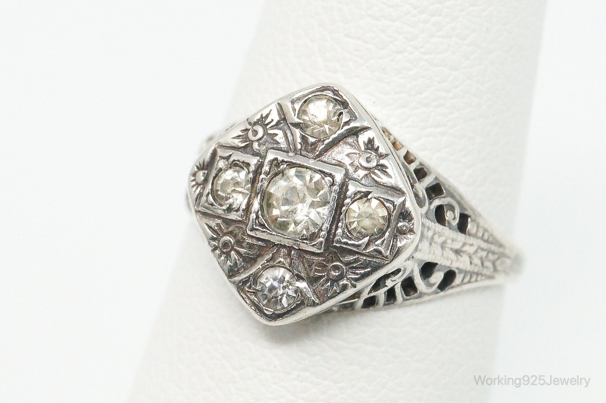 Antique Faux Diamond Sterling Silver Ring - Size 6