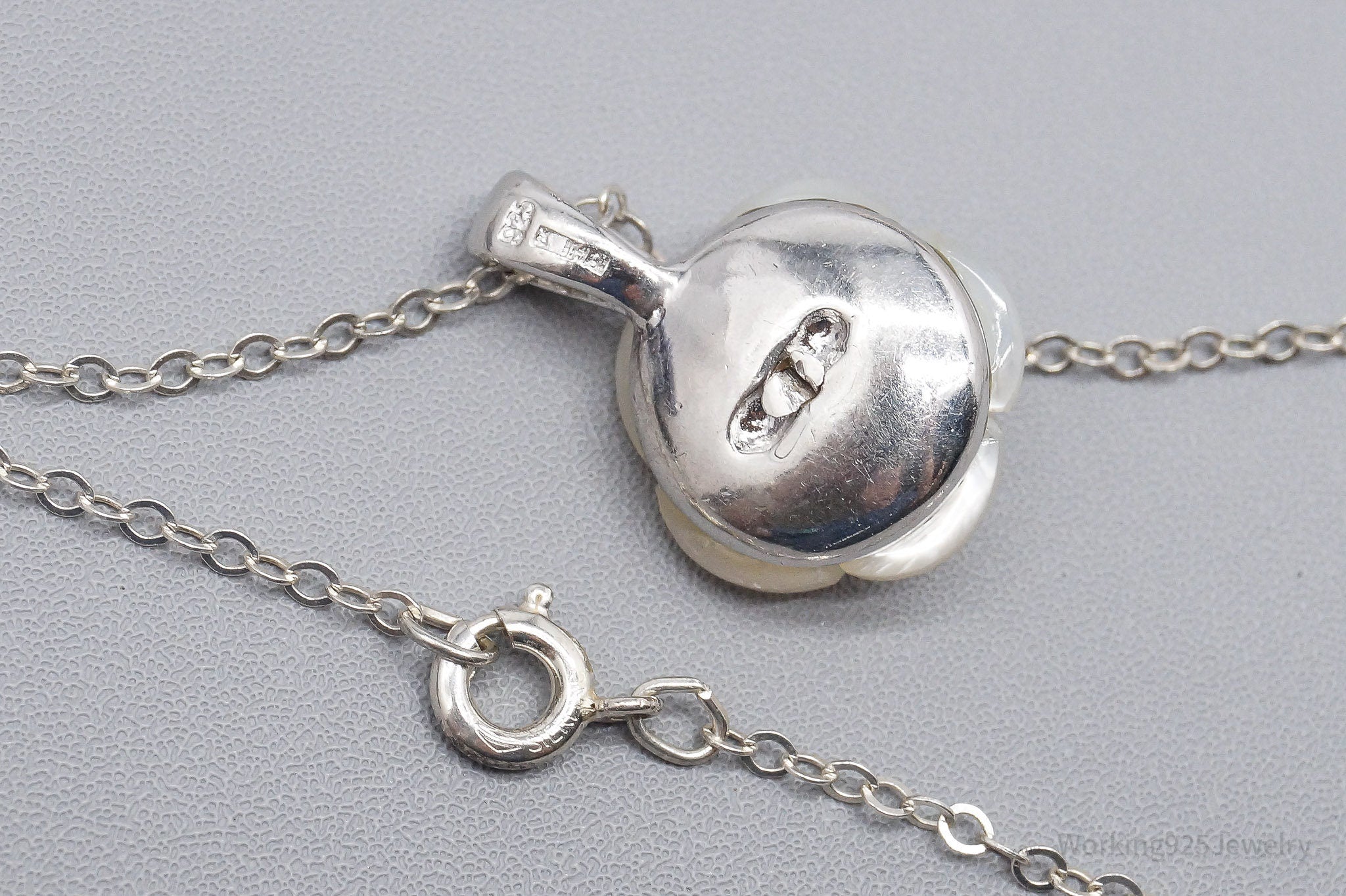 Vintage Cubic Zirconia & Mother Of Pearl Rose Sterling Silver Necklace 18"