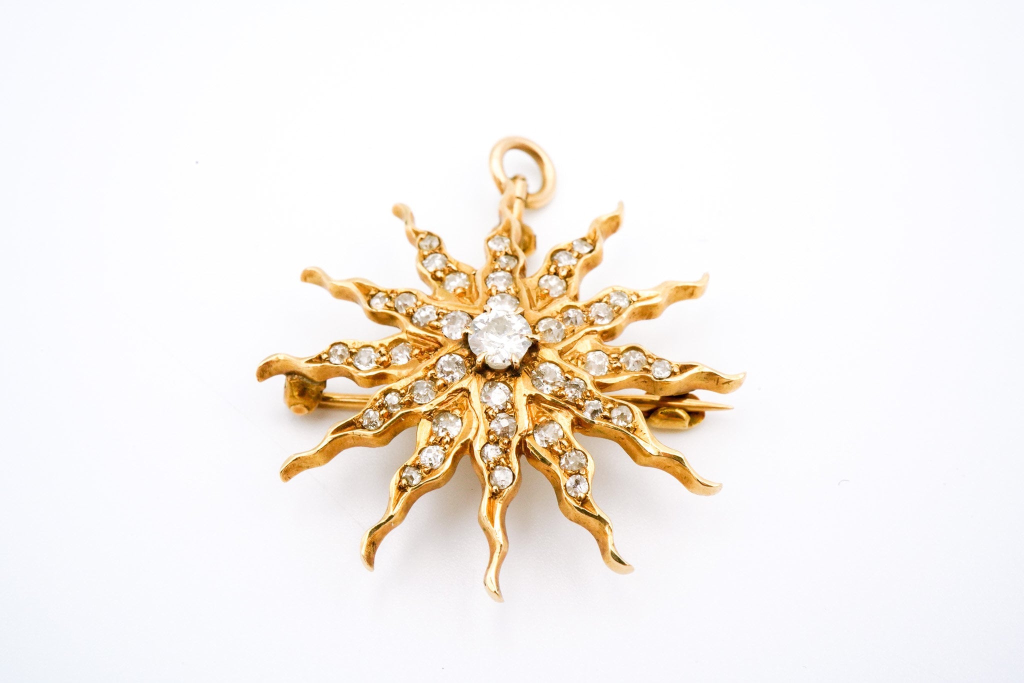 Victorian 14K Yellow Gold & Diamond Sunburst Brooch