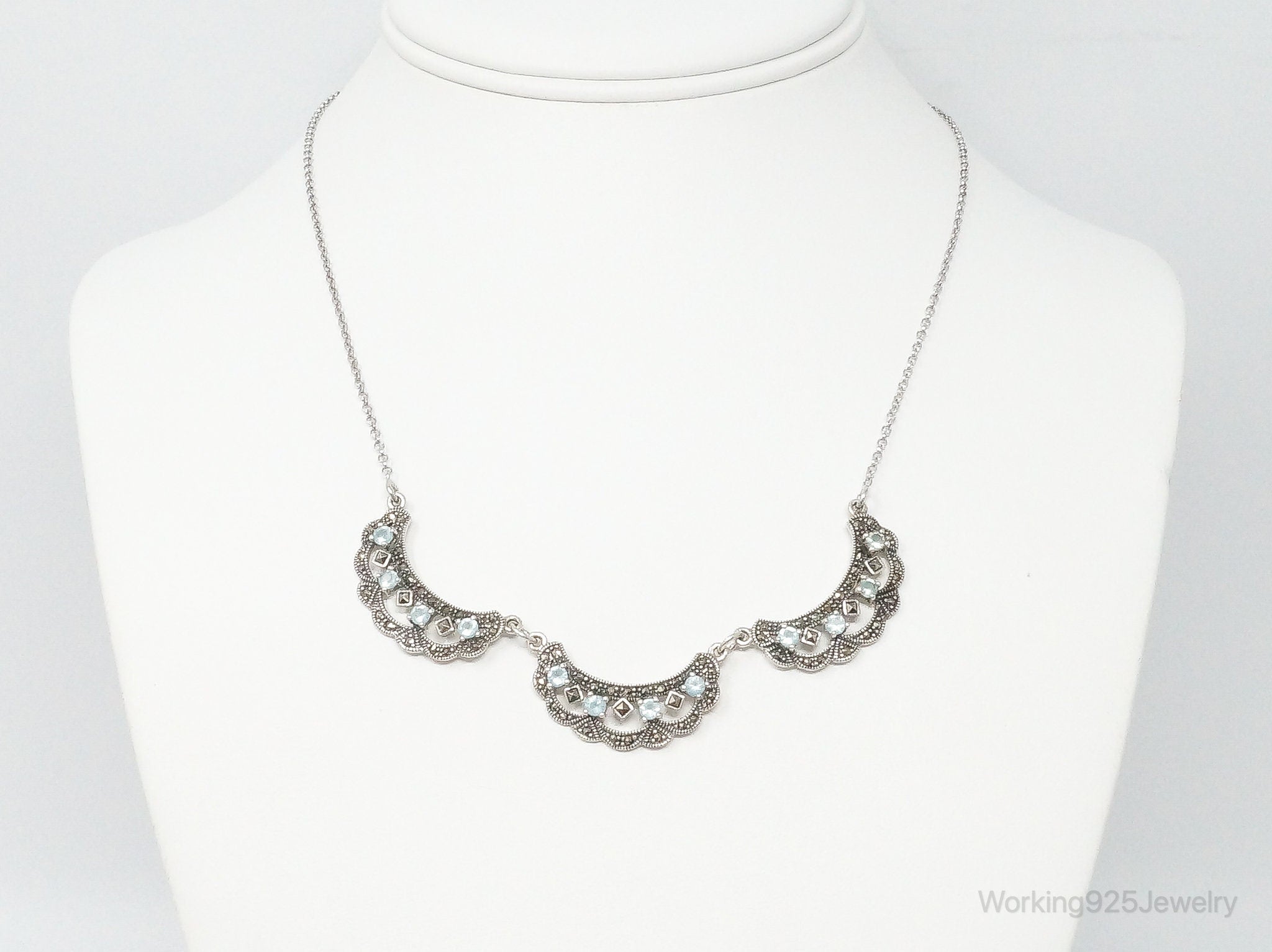 Vintage Art Deco Blue Topaz Marcasite Sterling Silver Necklace